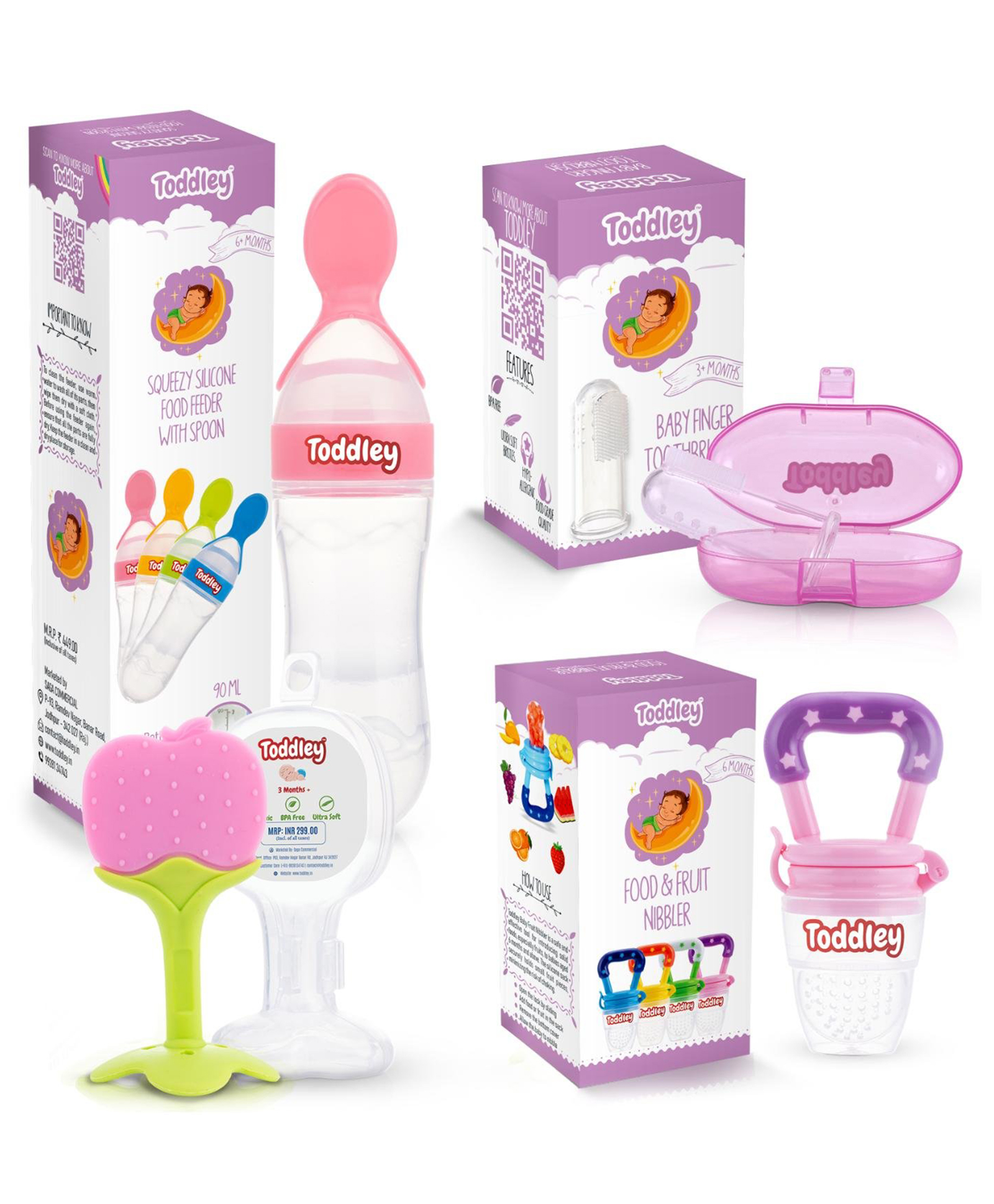 Toddley Silicone Food & Fruit Nibbler Pacifier 1 Pcs with 1 pcs Spoon Feeder and 1pcs Fruit Teether, 1pcs Finger Brush for Infant Baby for 6+ Month Baby (4 Piece Combo Set) (Pink)-image-36