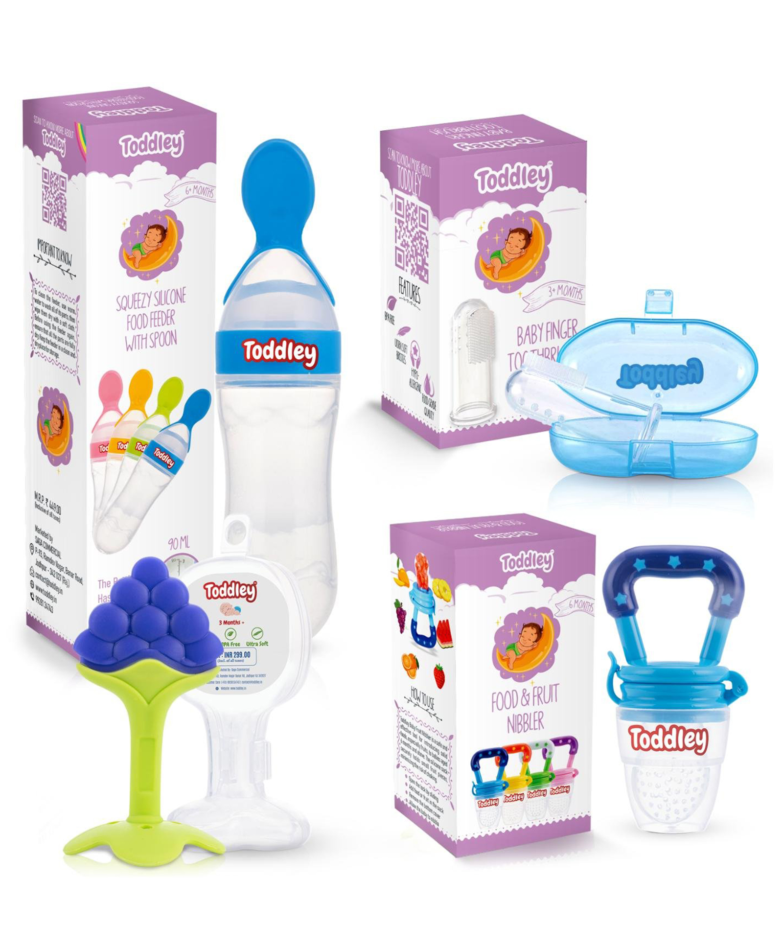 Toddley Silicone Food & Fruit Nibbler Pacifier 1 Pcs with 1 pcs Spoon Feeder and 1pcs Fruit Teether, 1pcs Finger Brush for Infant Baby for 6+ Month Baby (4 Piece Combo Set) (Blue)-image-38