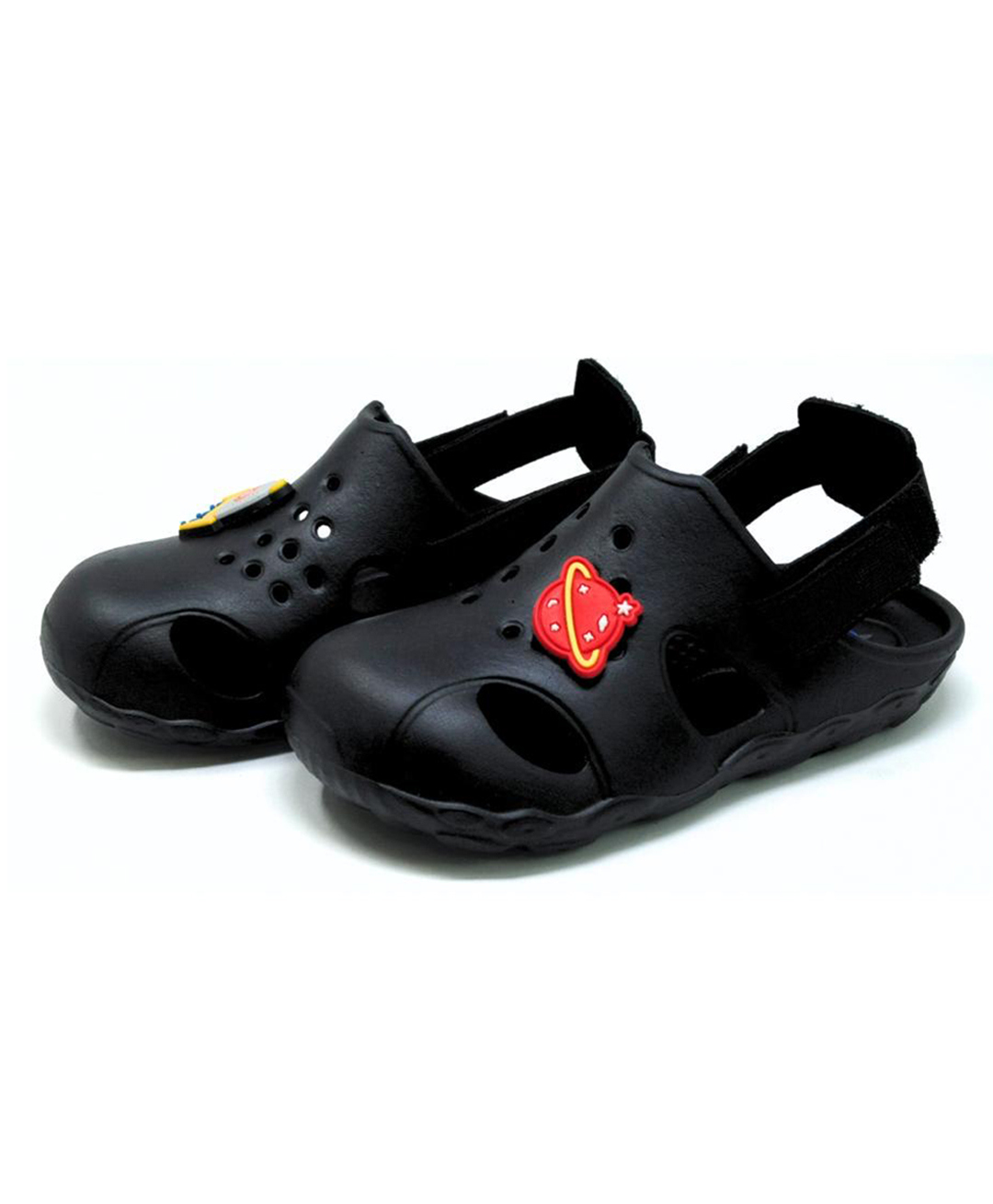 Elves the Shoemakers Perforated Planet Applique Detailed Velcro Closure Clogs - Black-picture-22