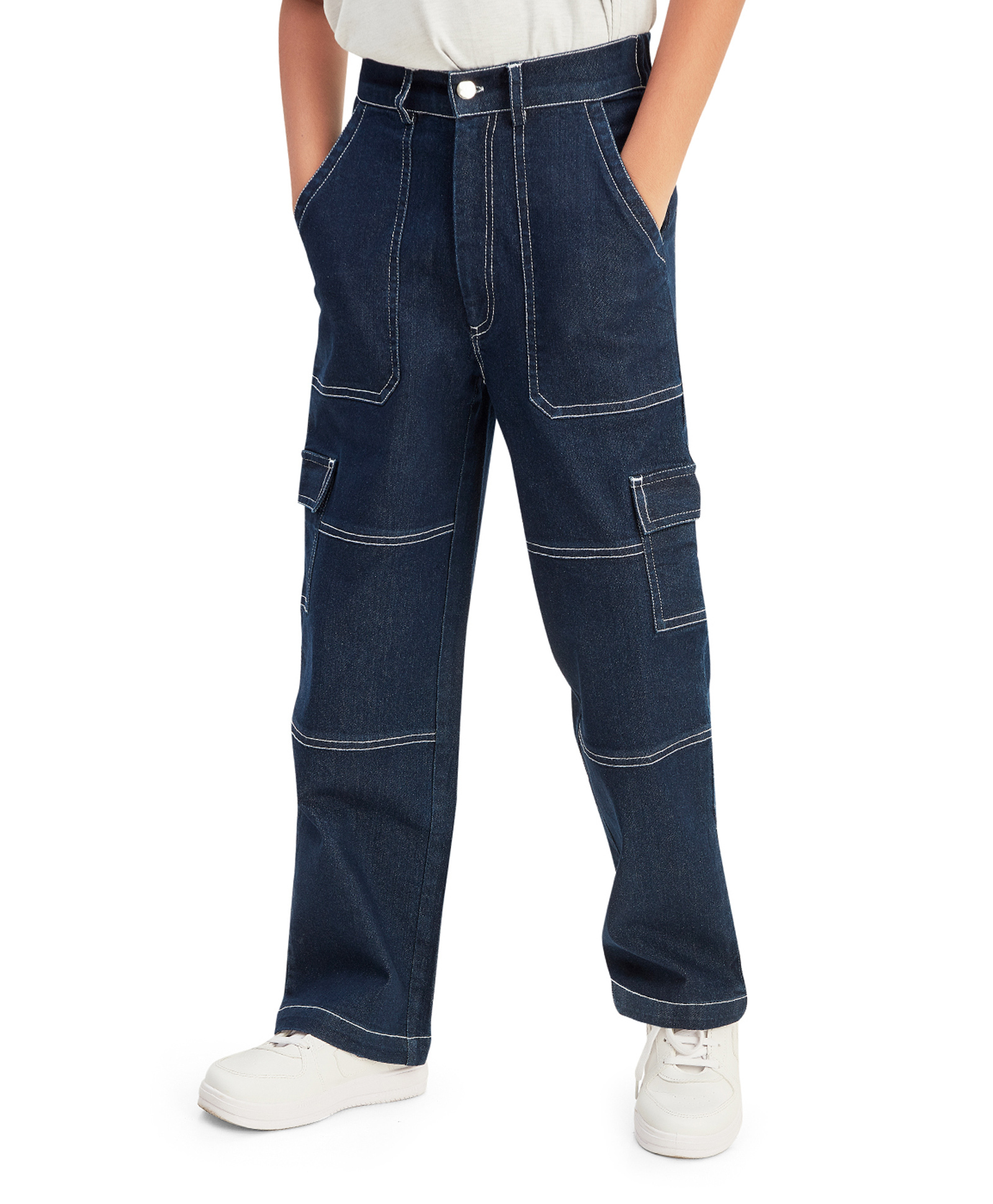 Olele Denim Woven Threadwork Embroidered Cargo Jeans - Blue-picture-24
