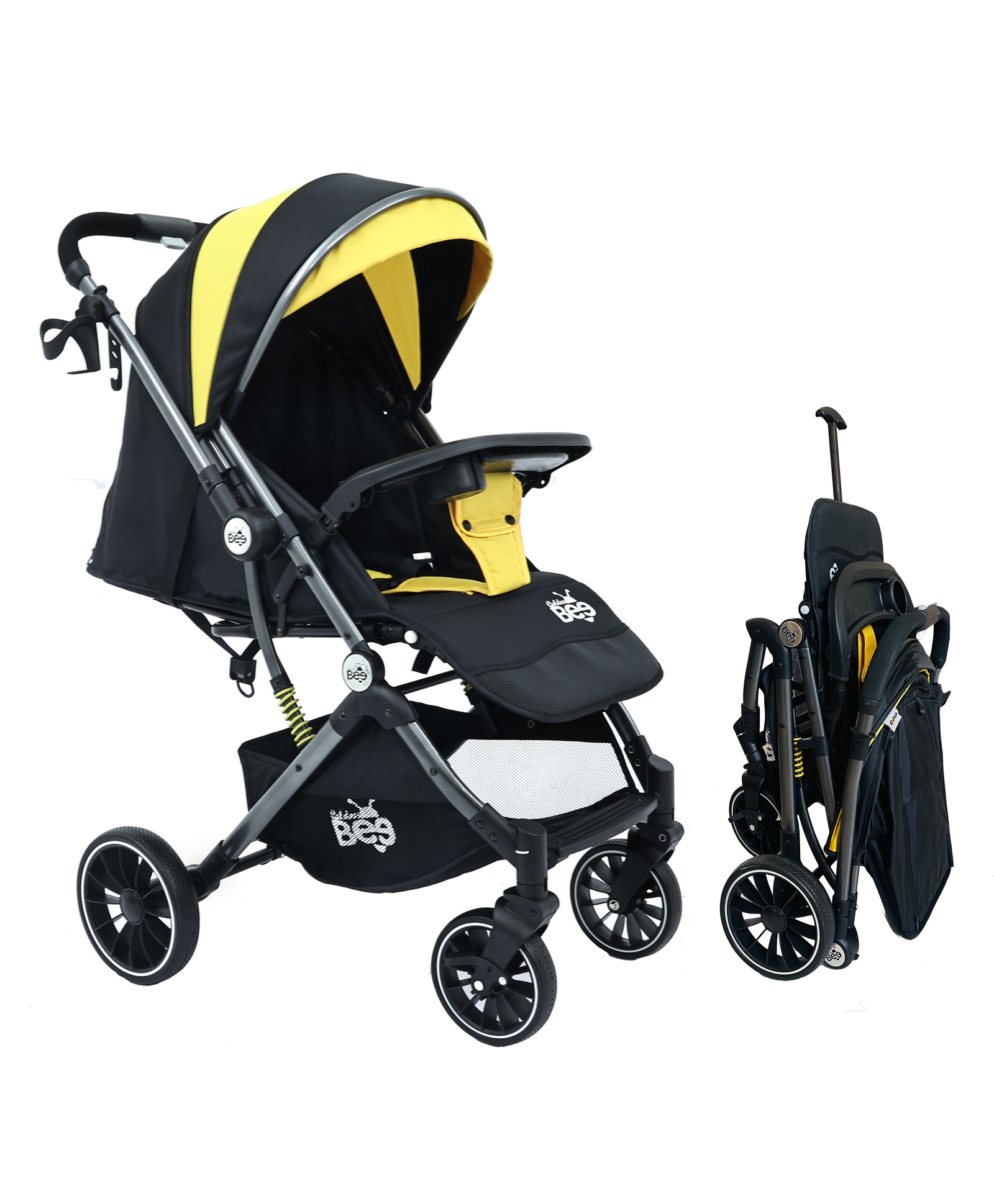Golden Bee Choco Joy Baby Stroller - Stroller with Reversible Handle Adjustable Backrest & Canopy - | Suspension Wheels| Removable Food Tray | Travel Trolley-Golden Black-picture-10