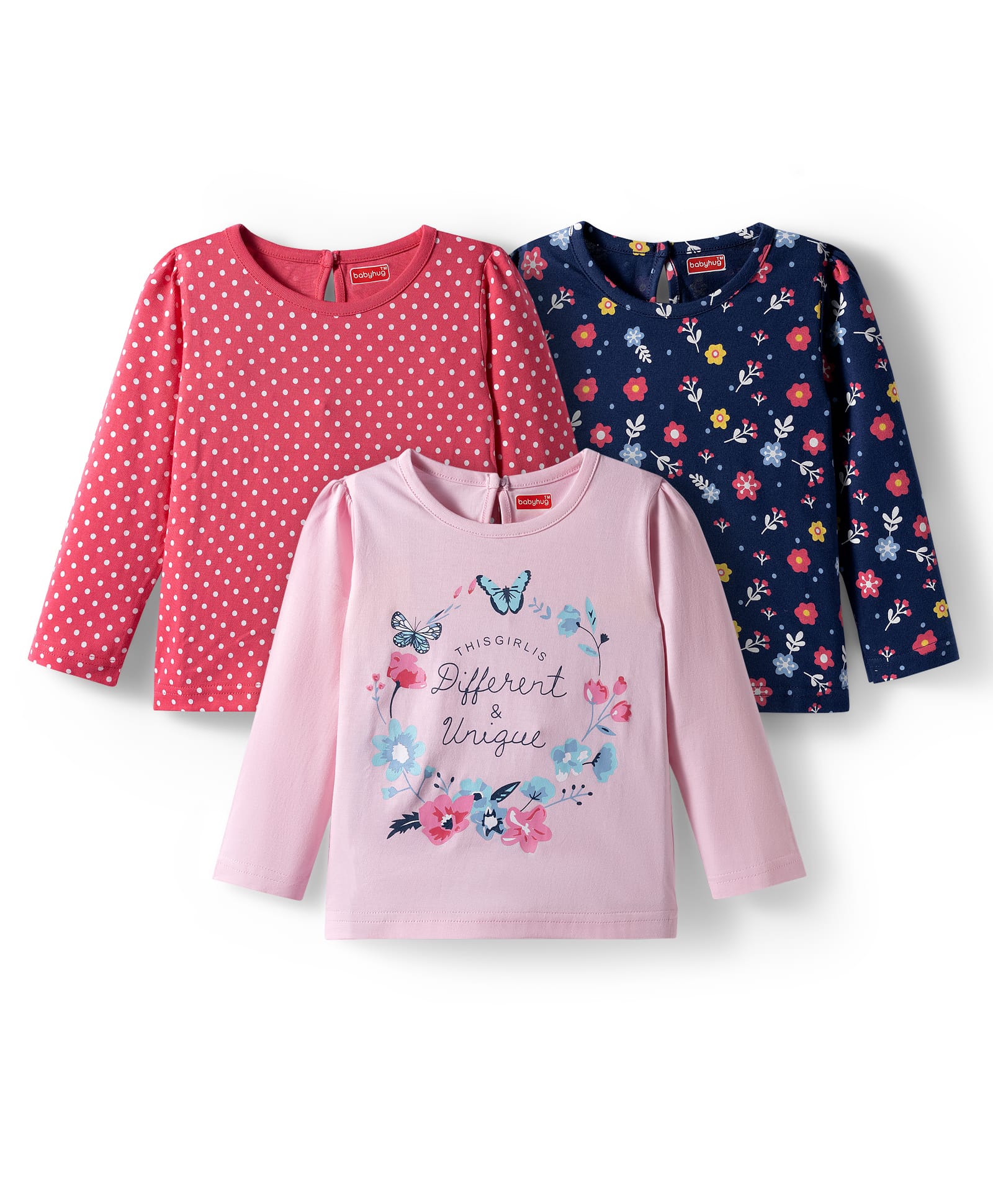 Babyhug 100% Cotton Knit Full Sleeves T-Shirts with Polka Dots & Floral Print Pack of 3 - Navy Blue Pink & Red-picture-37