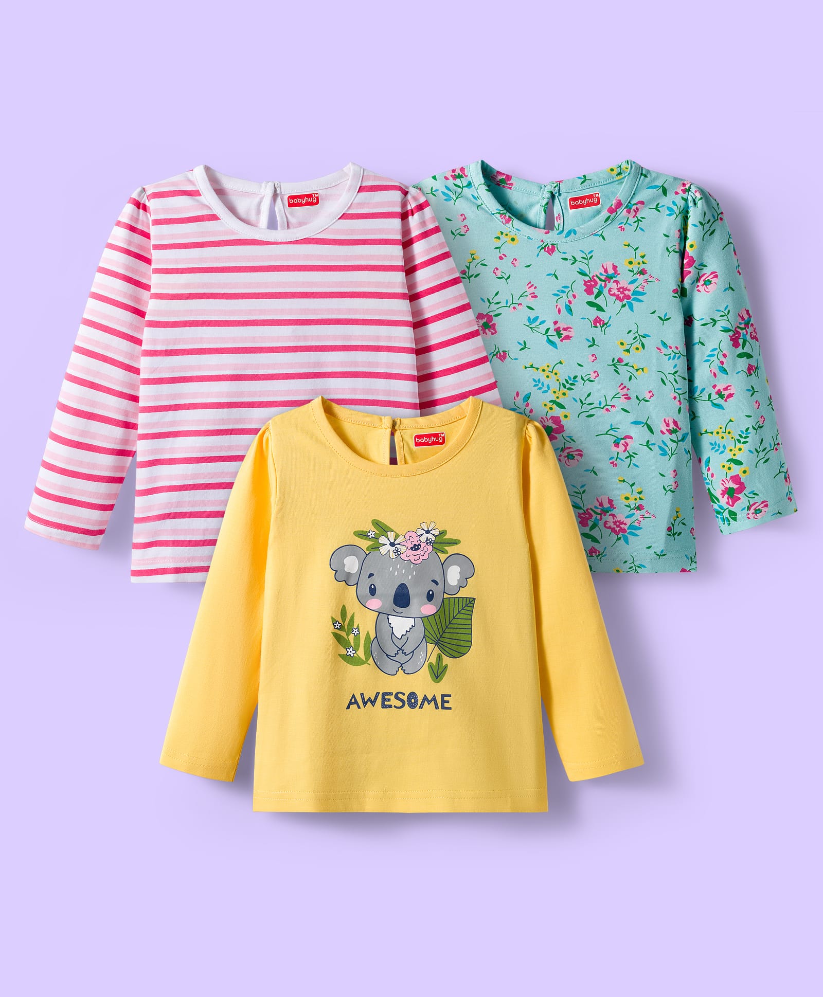 Babyhug 100% Cotton Knit Full Sleeves T-Shirts with Stripes Animal & Floral Print Pack of 3 - Light Blue Pink & Yellow-picture-30