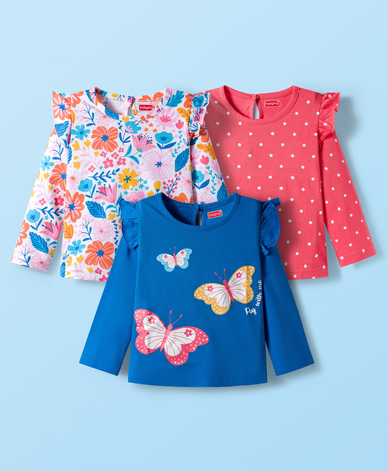 Babyhug 100% Cotton Knit Full Sleeves T-Shirts with Polka Dot Butterfly & Floral Print & Frill Detailing Pack of 3 - Pink Blue & White-picture-25
