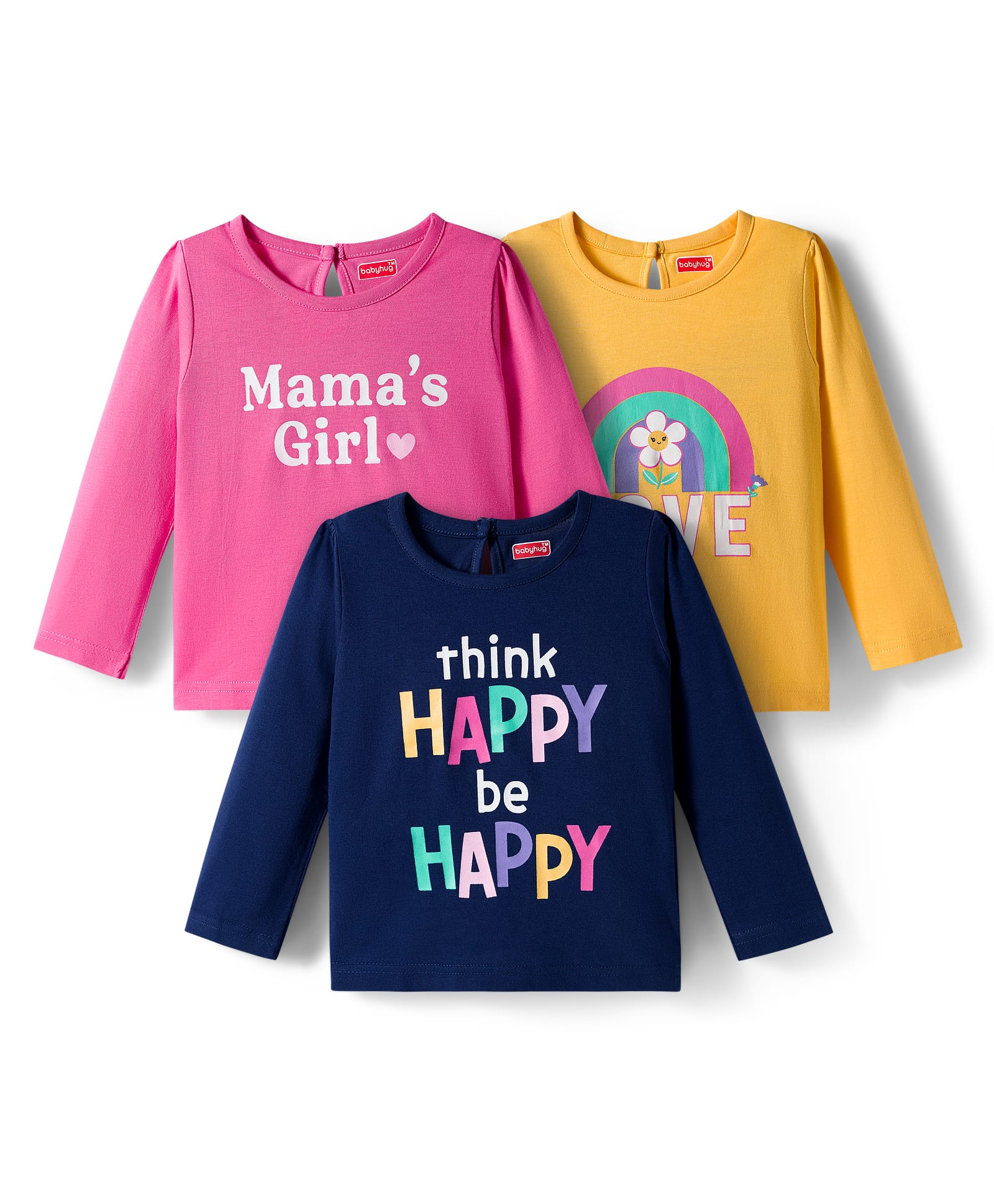 Babyhug 100% Cotton Knit Full Sleeves T-Shirts with Mamas Girl Text Print Pack of 3 - Pink Navy Blue & Yellow-image-32