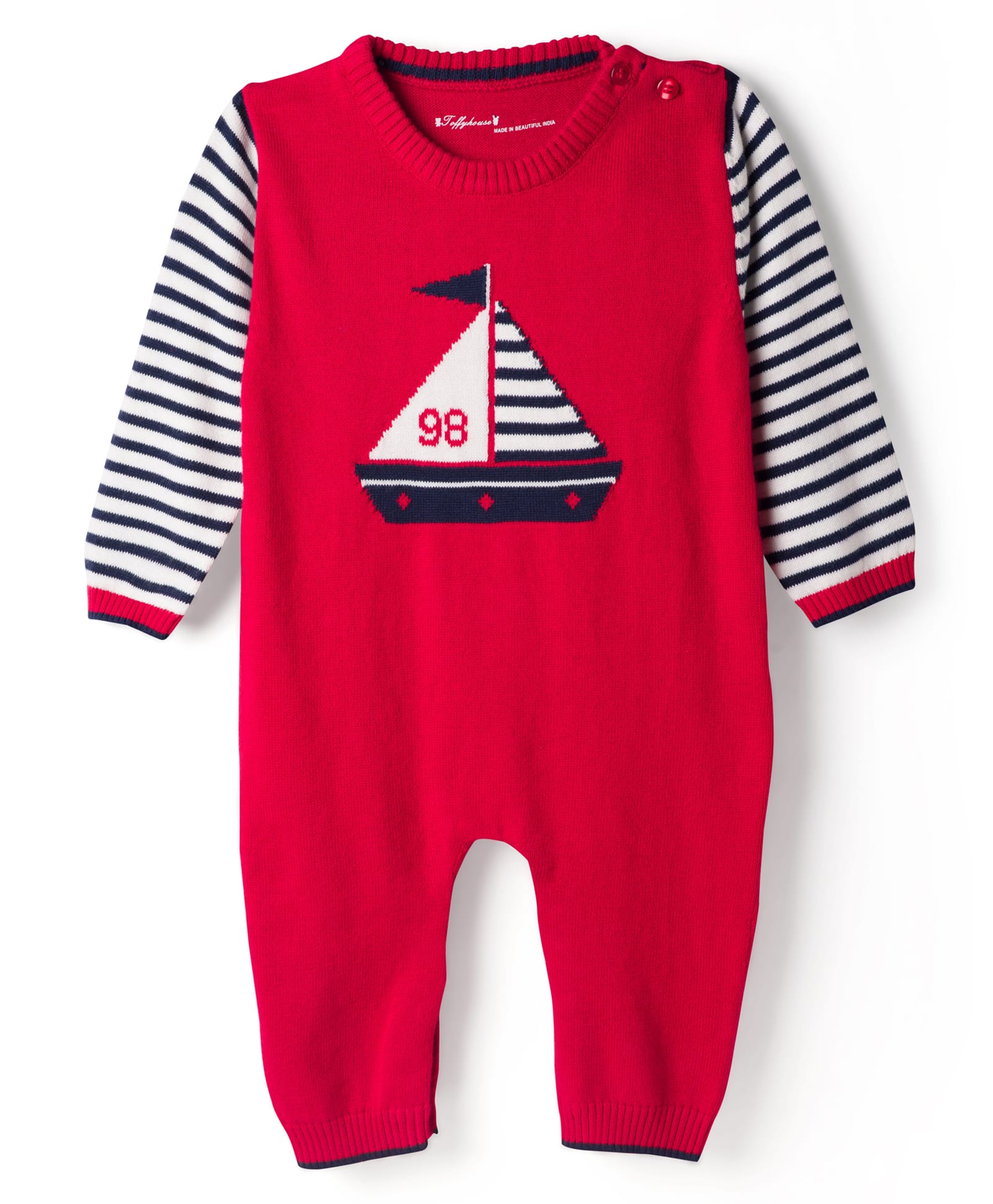 ToffyHouse Knitted Full Sleeves Winter Romper with Ship Design & Stripes - Red-picture-33