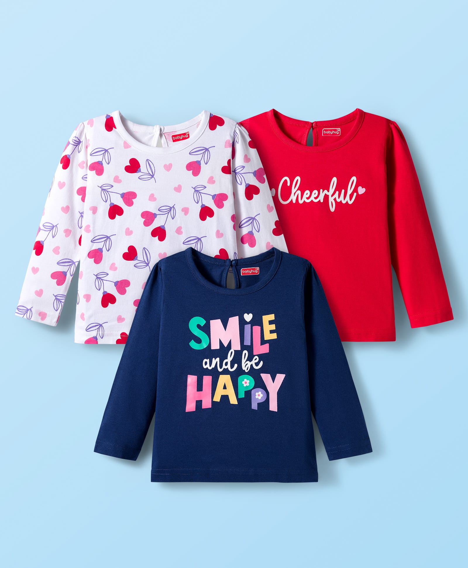 Babyhug 100% Cotton Knit Full Sleeves T-Shirts with Text & Heart Print Pack of 3 - Red White & Navy Blue-picture-12