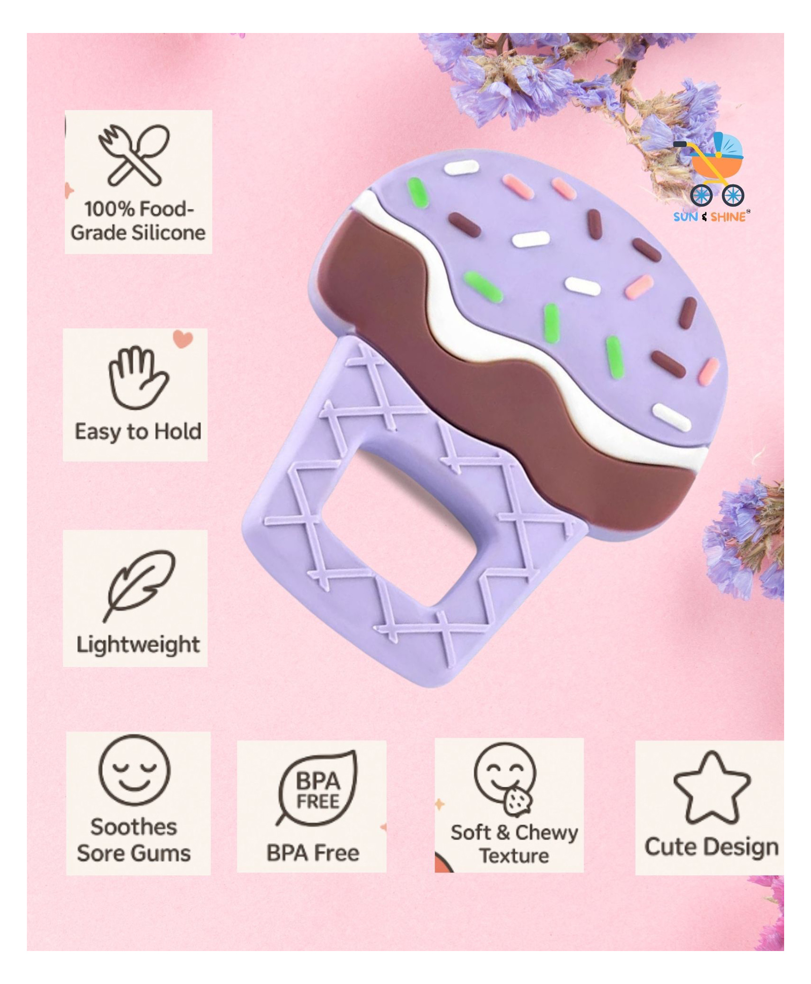SUN & SHINE | 100% Natural Rubber & Premium Silicone Teether For 6 To 12 Months Baby | BPA-Free, Soft & Gentle | Teething Toys For Babies | BiteCream Teether | Ideal Gifts For New Parents (Purple)-picture-27