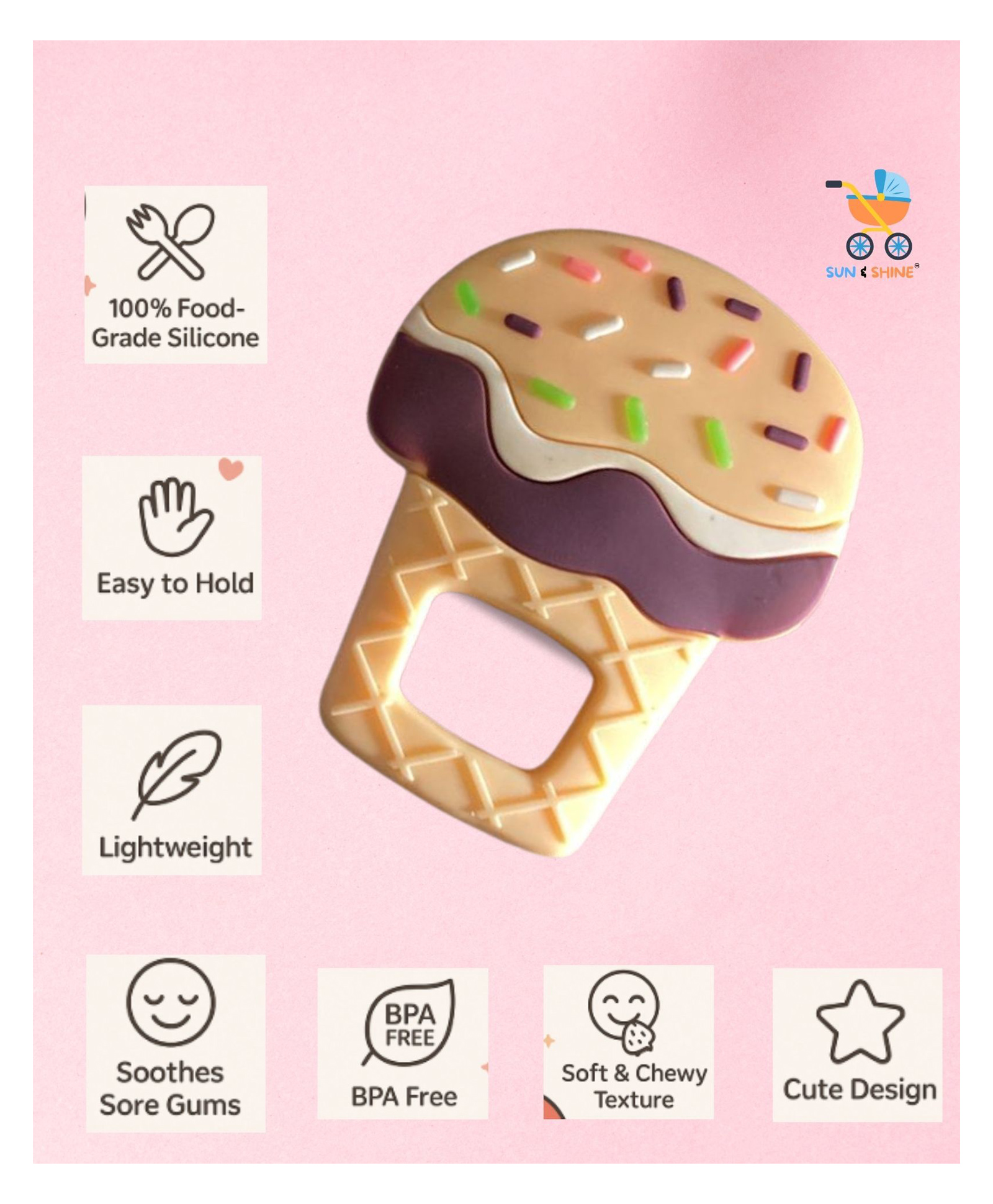 SUN & SHINE | 100% Natural Rubber & Premium Silicone Teether For 6 To 12 Months Baby | BPA-Free, Soft & Gentle | Teething Toys For Babies | BiteCream Teether | Ideal Gifts For New Parents (Cream)-picture-25