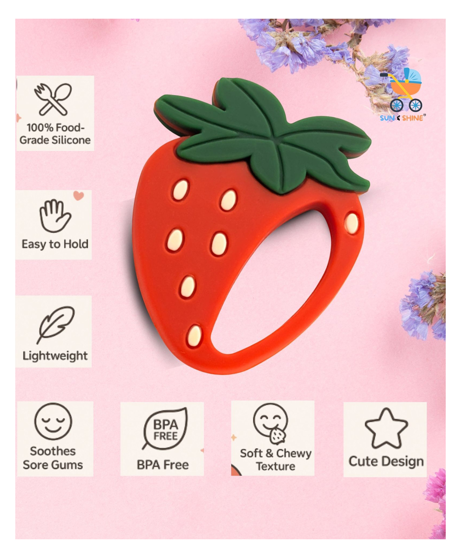 SUN & SHINE | 100% Natural Rubber & Premium Silicone Teether For 6 To 12 Months Baby | BPA-Free, Soft & Gentle | Teething Toys For Babies | BerryBite Strawberry Teether (Red)-image-10