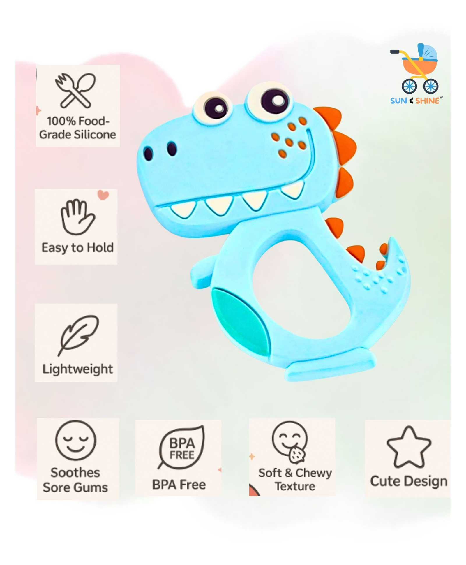SUN & SHINE | 100% Natural Rubber & Premium Silicone Teether For 6 To 12 Months Baby | BPA-Free, Soft & Gentle | Teething Toys For Babies | Nibble Rex Animal Teether (Blue)-picture-25