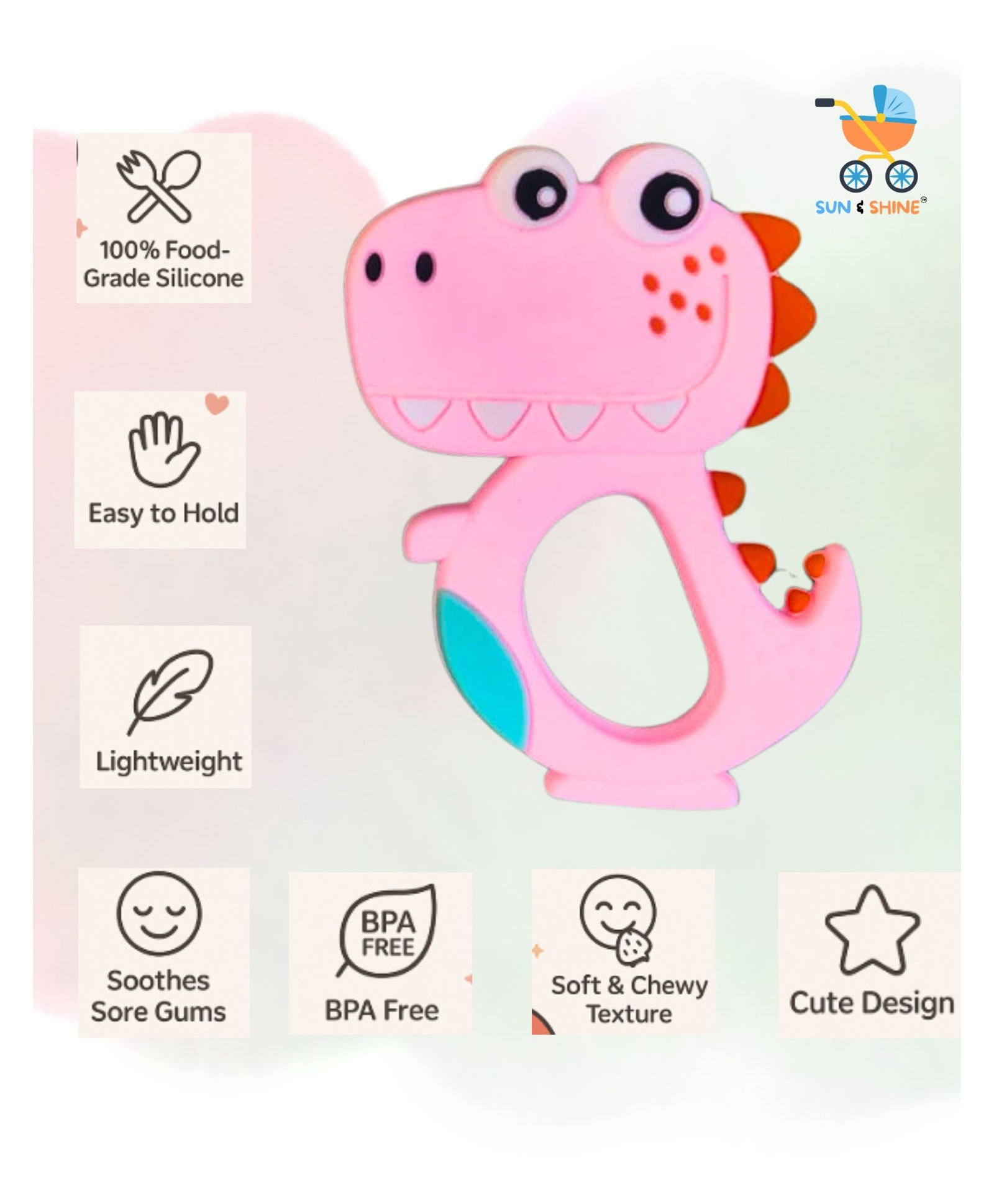 SUN & SHINE | 100% Natural Rubber & Premium Silicone Teether For 6 To 12 Months Baby | BPA-Free, Soft & Gentle | Teething Toys For Babies | Nibble Rex Animal Teether (Pink)-image-22