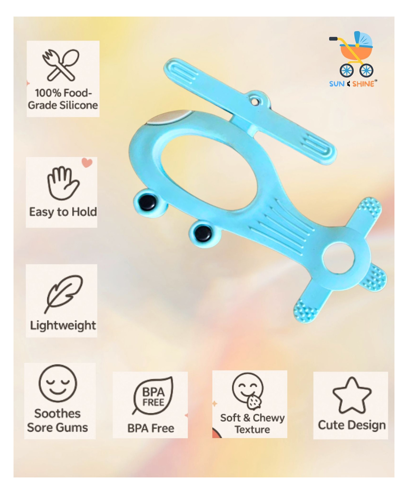 Sun & Shine | 100% Natural Rubber & Premium Silicone Teether For 6 To 12 Months Baby | BPA-Free, Soft & Gentle | Teething Toys For Babies | Baby Copter Teether | Ideal Gifts For New Parents (Blue)-picture-4
