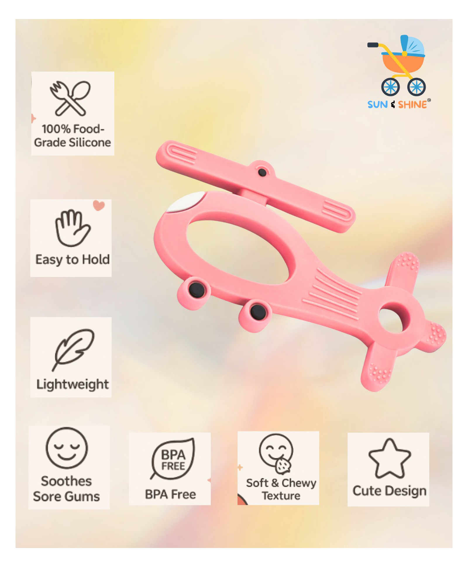SUN & SHINE | 100% Natural Rubber & Premium Silicone Teether For 6 To 12 Months Baby | BPA-Free, Soft & Gentle | Teething Toys For Babies | Baby Copter Teether | Ideal Gifts For New Parents (Blue)-picture-3