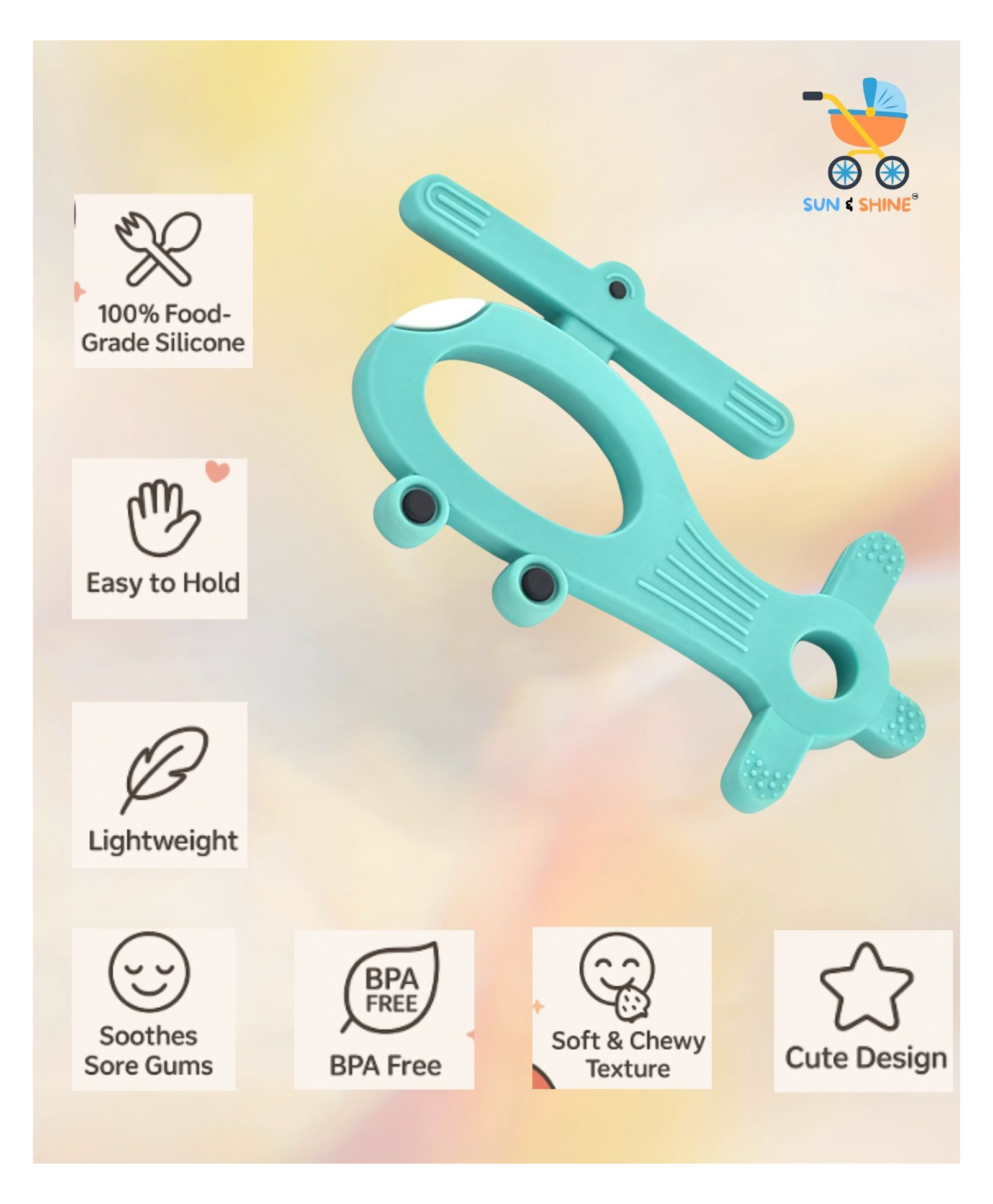 Sun & Shine | 100% Natural Rubber & Premium Silicone Teether For 6 To 12 Months Baby | BPA-Free, Soft & Gentle | Teething Toys For Babies | Baby Copter Teether | Ideal Gifts For New Parents (Blue)-picture-5
