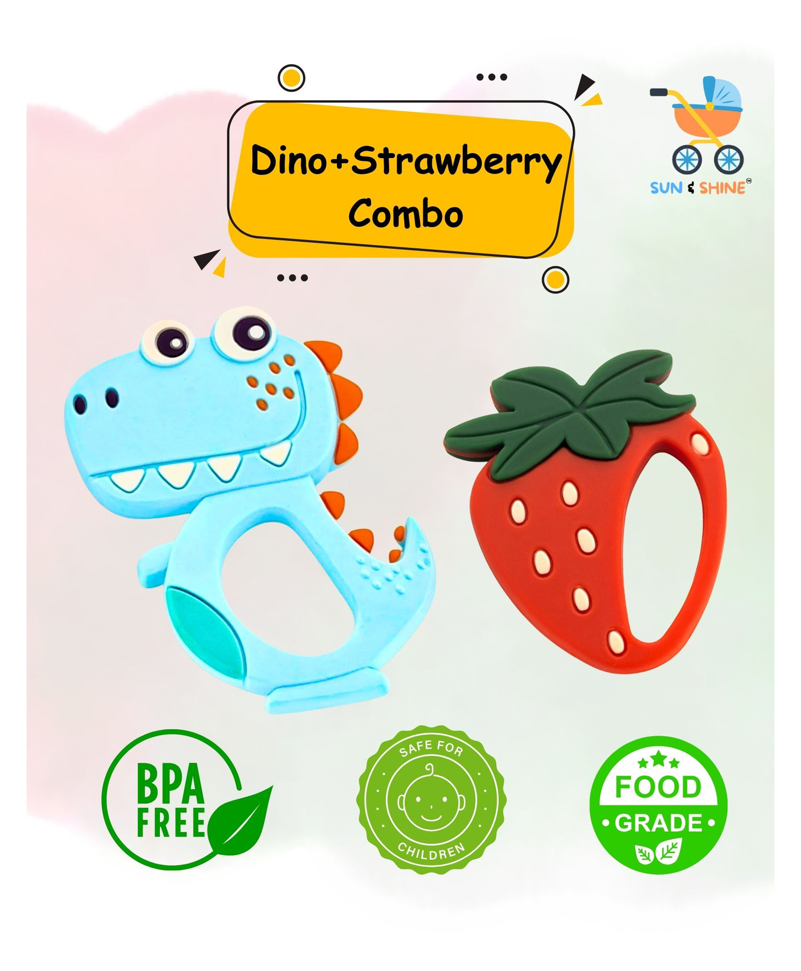 SUN & SHINE | Set of 2 | 100% Natural Rubber & Premium Silicone Teether For 6 To 12 Months Baby | BPA-Free, Soft & Gentle | Teething Toys For Babies | Trex (Blue) + Strawberry (Red)-image-26