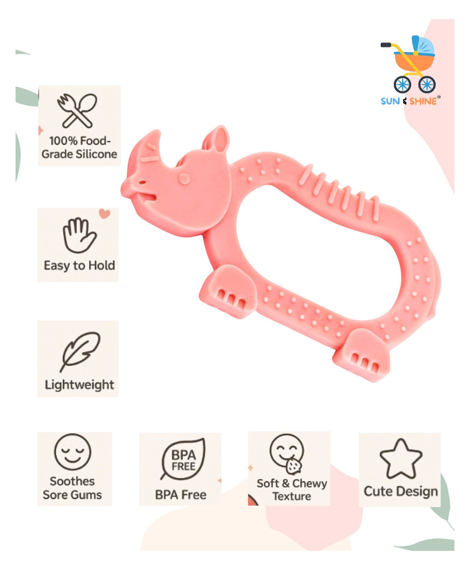 SUN & SHINE | 100% Natural Rubber & Premium Silicone Teether For 6 To 12 Months Baby | BPA-Free, Soft & Gentle | Teething Toys For Babies | RhinyBite Teether | Ideal Gifts For New Parents (Pink)-picture-16