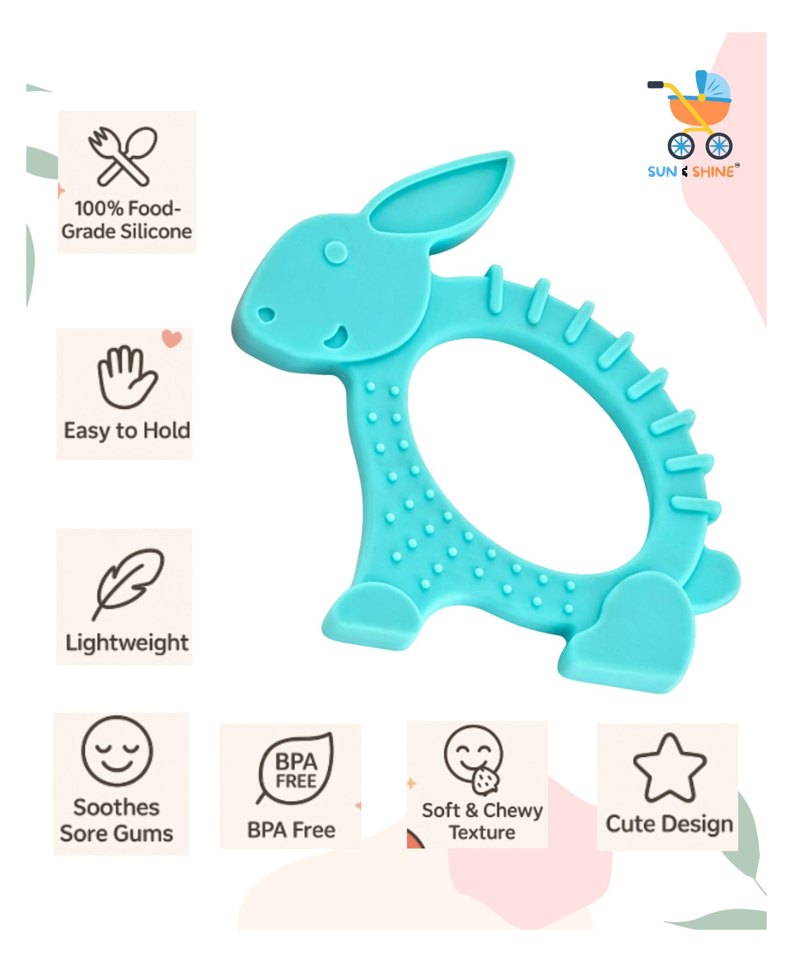 SUN & SHINE | 100% Natural Rubber & Premium Silicone Teether For 6 To 12 Months Baby | BPA-Free, Soft & Gentle | Teething Toys For Babies | Chewy Bunny Teether | Ideal Gifts For New Parents (Green)-picture-21