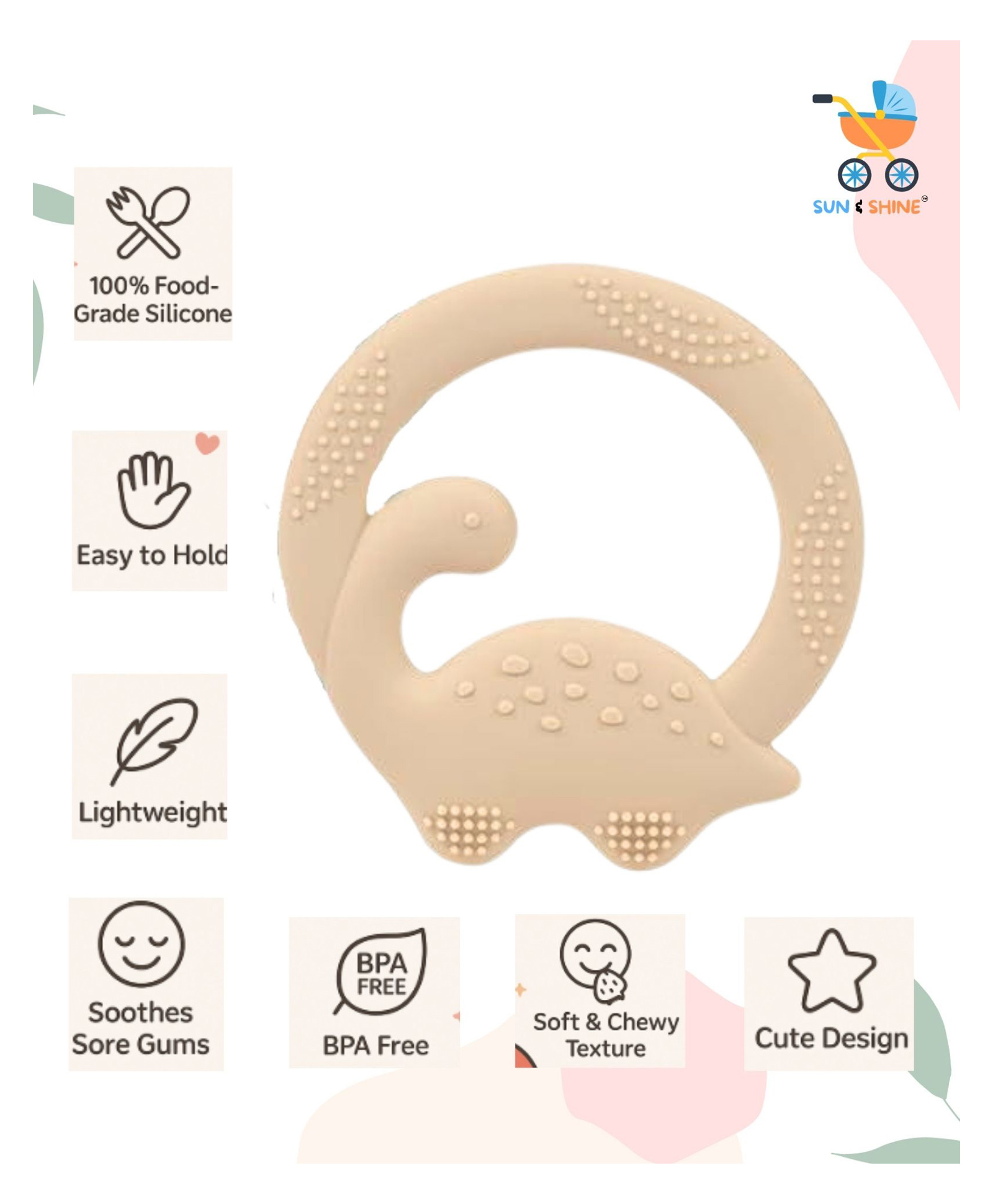 SUN & SHINE | 100% Natural Rubber & Premium Silicone Teether For 6 To 12 Months Baby | BPA-Free, Soft & Gentle | Teething Toys For Babies | TinySaur Teether | Ideal Gifts For New Parents (Beige)-image-1