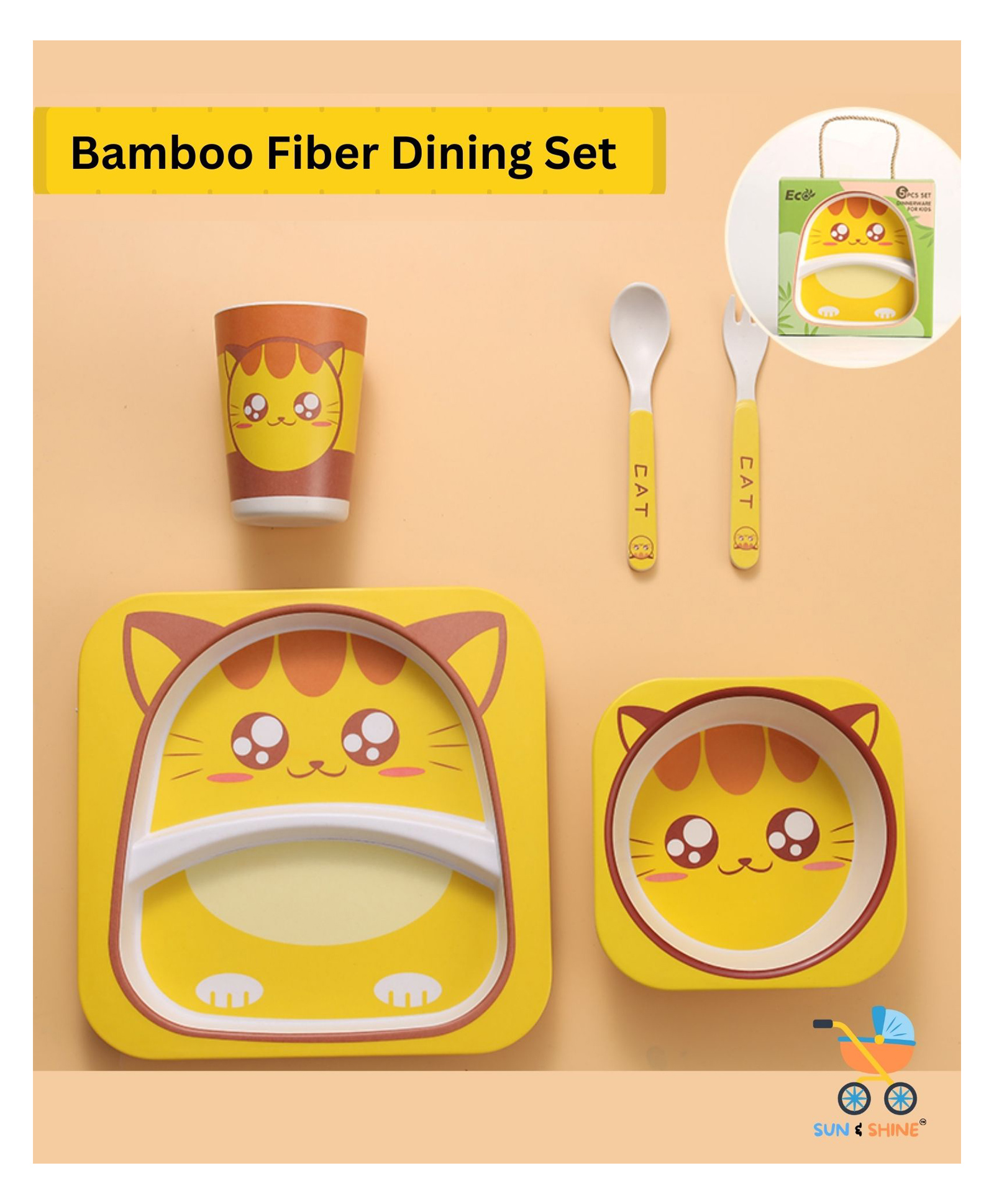 Sun & Shine Bamboo Fiber Baby Feeding Set, 5-Piece Tableware with Plate, Bowl, Cup, Spoon, Fork, BPA-Free, Natural | Perfect for Gifting (Goldie Cat)-picture-28