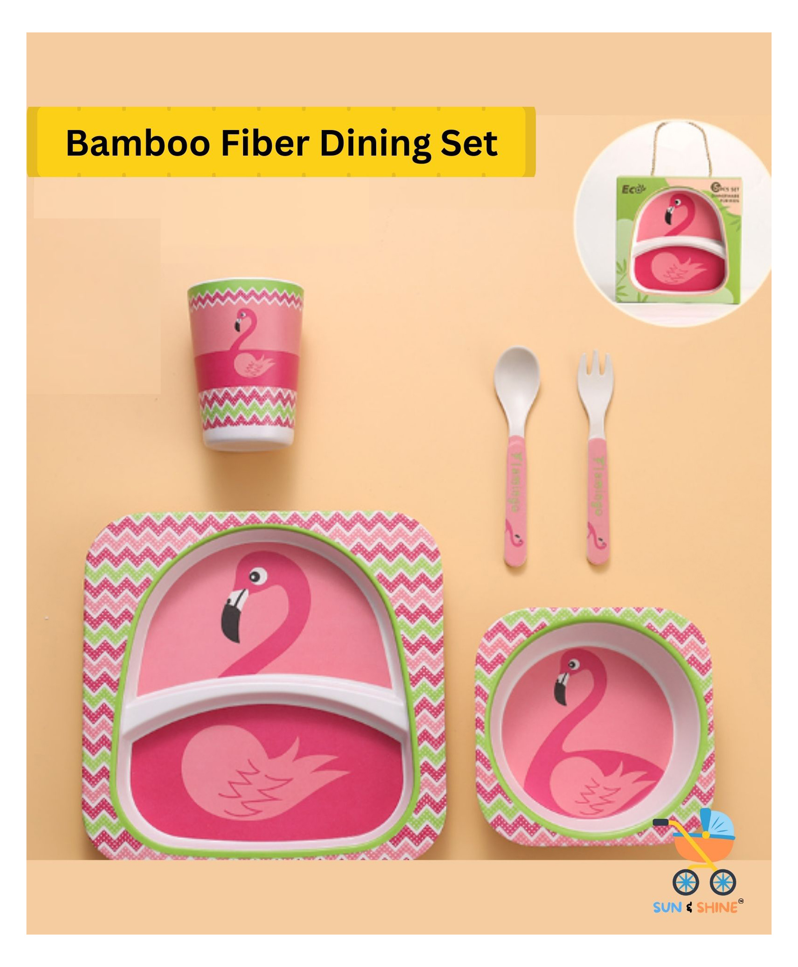 Sun & Shine Bamboo Fiber Baby Feeding Set, 5-Piece Tableware with Plate, Bowl, Cup, Spoon, Fork, BPA-Free, Natural | Perfect for Gifting (Pinkie Swan)-image-7