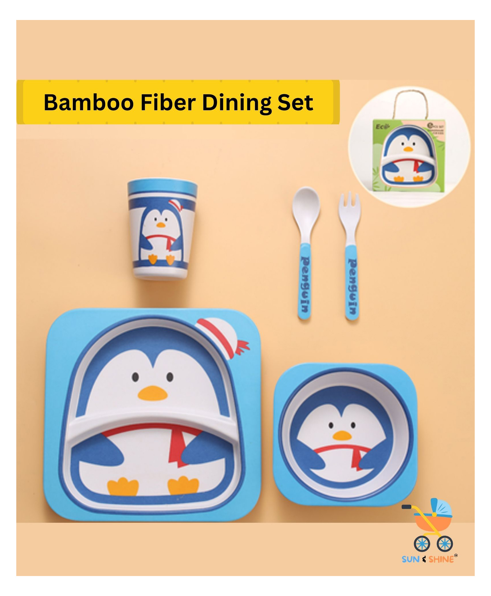 Sun & Shine Bamboo Fiber Baby Feeding Set, 5-Piece Tableware with Plate, Bowl, Cup, Spoon, Fork, BPA-Free, Natural | Perfect for Gifting (Blue Waddle)-image-22