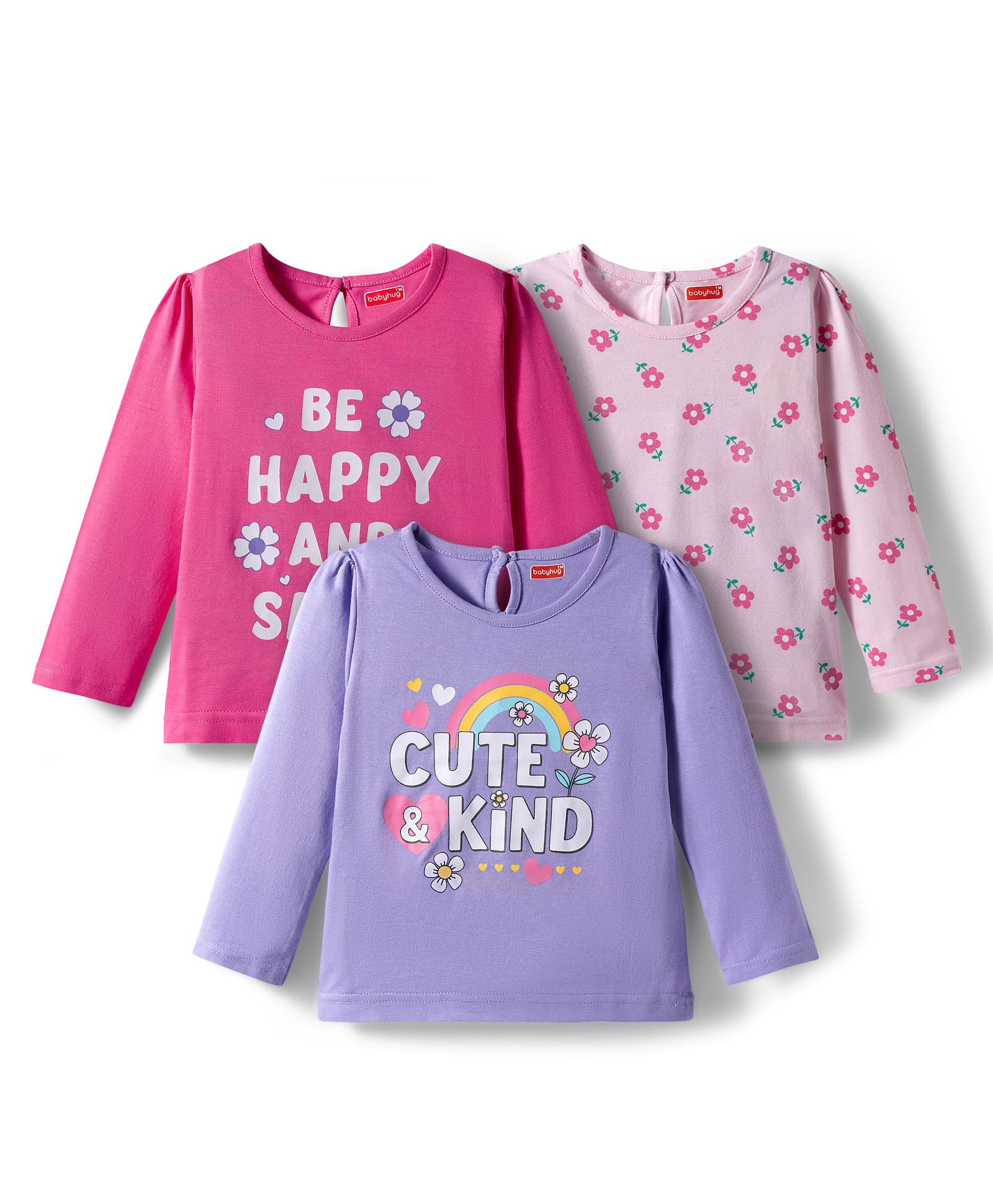 Babyhug 100% Cotton Knit Full Sleeves T-Shirts with Text & Floral Print Pack of 3 - Pink Lilac & Dark Pink-picture-33