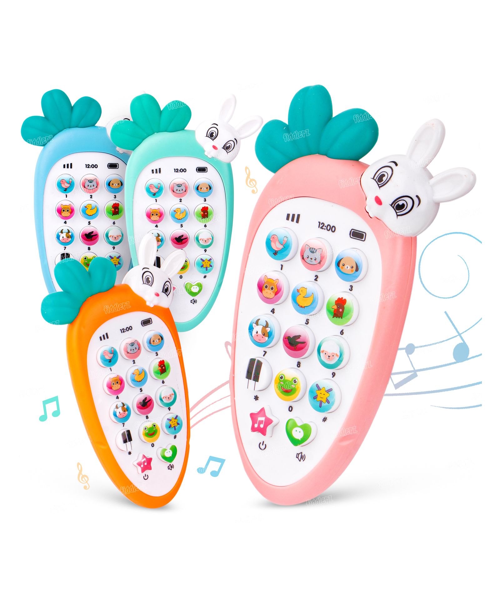 Fiddlerz Musical Mobile Phone Toy Radish Shape Adorable Bunny Face with Music Fun Ringtones Flashing Lights Pretend Play Toy for Kids & Toddlers (Pack of 1)-image-13