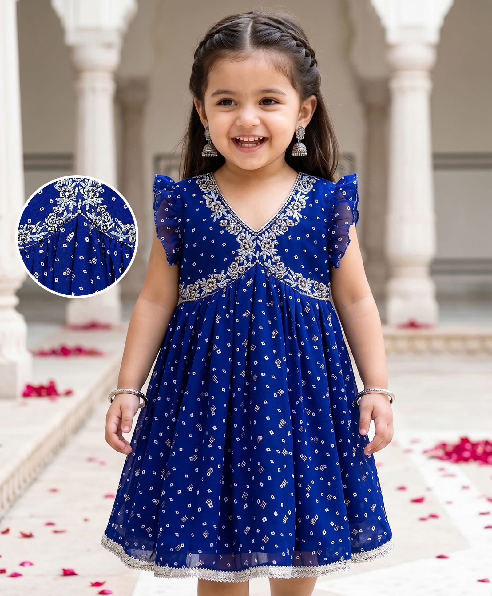 Babyhug Georgette Woven Sleeveless Ethnic Dress With Bandhani Print & Floral Embriodery - Blue-image-28