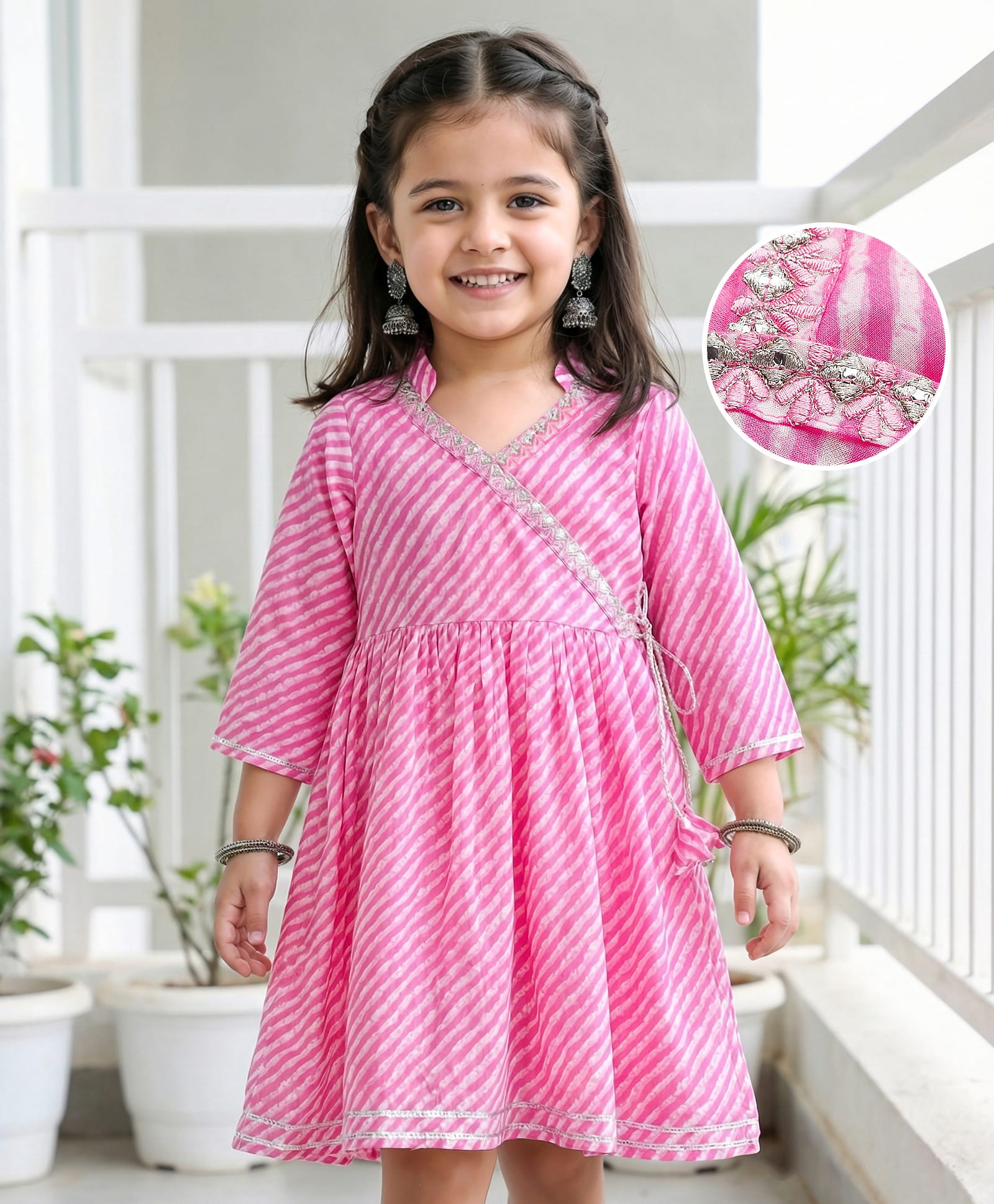 Babyhug Cambric Woven Three Fourth Sleeves Printed Ethnic Dress - Pink-image-32