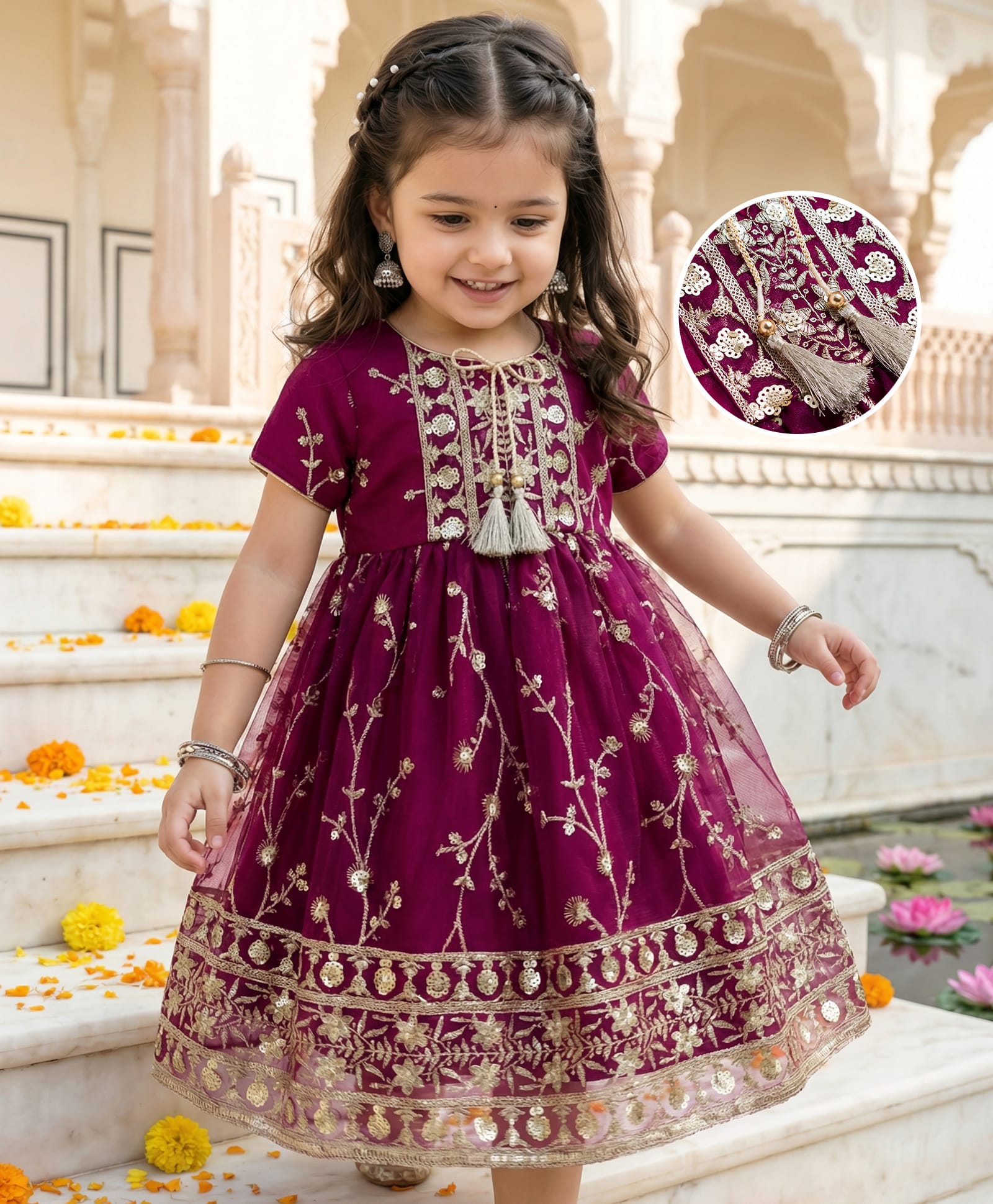 Babyhug Mesh Woven Half Sleeves Ethnic Dress With Floral Embroidery & Sequin Detailing - Wine
