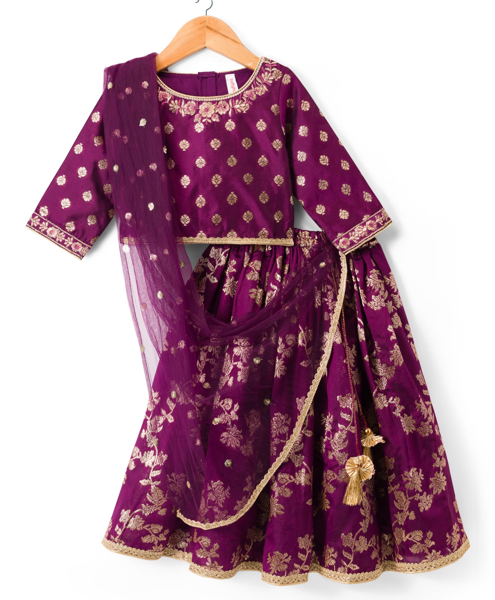 Babyhug Brocade Woven Three Fourth Sleeves Choli Lehenga Set with Dupatta & Embroidery - Violet-picture-16