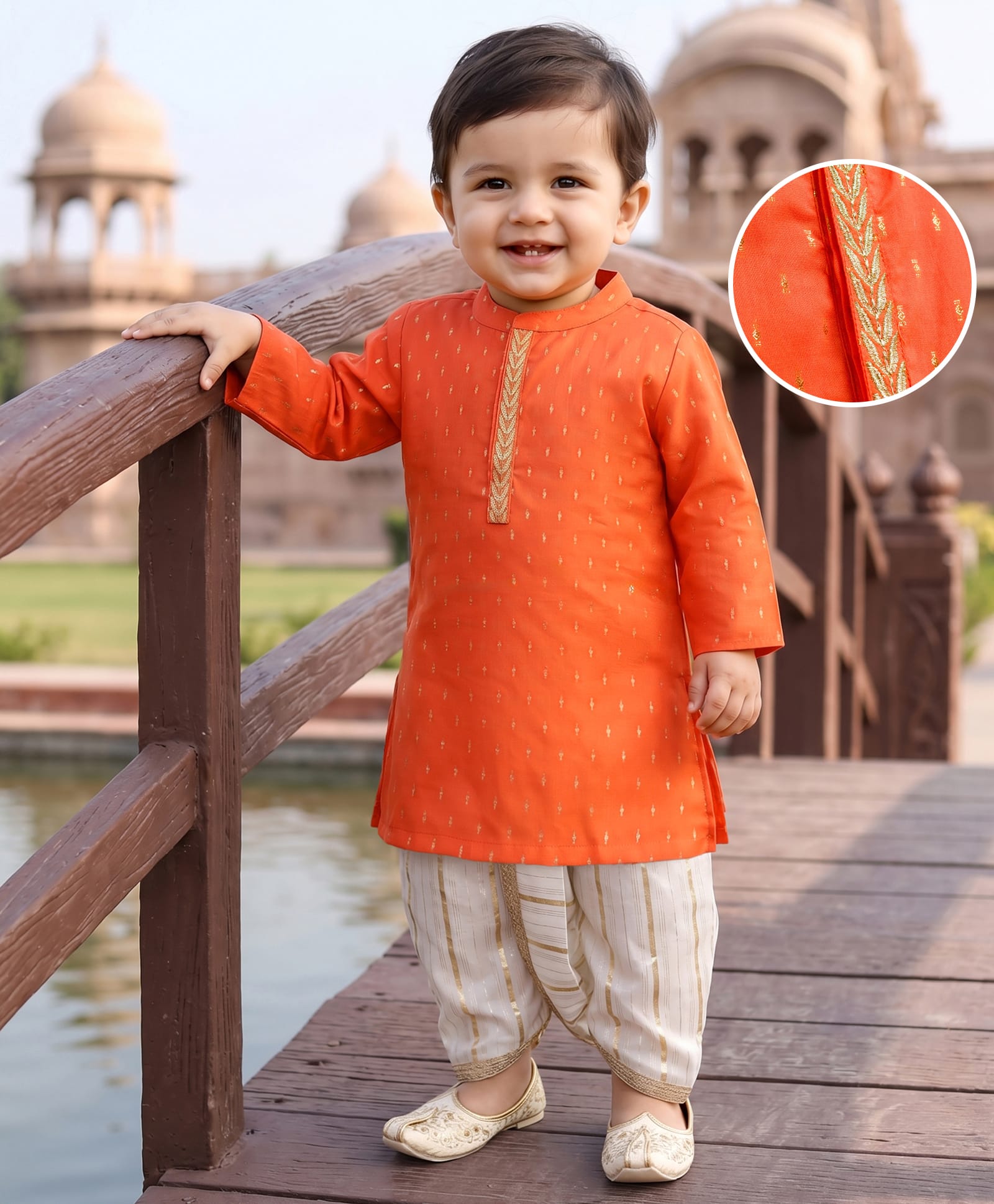 Babyhug Lurex Dobby Woven Full Sleeves Kurta Dhoti Set with Foil Print - Orange-image-49