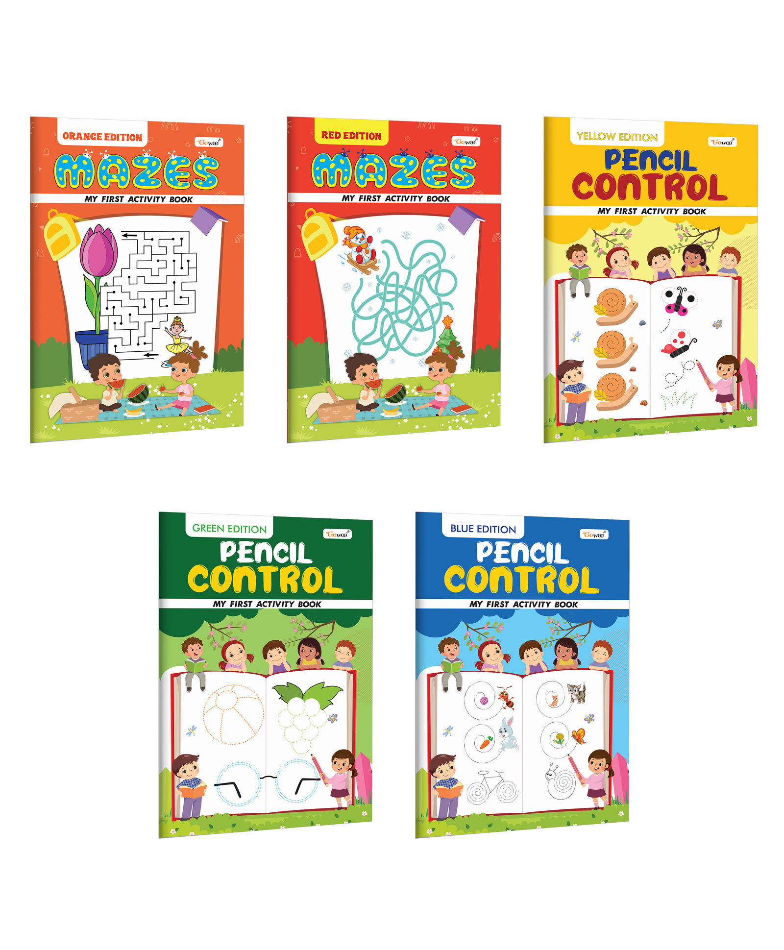gowoo My First Activity Book Mazes and Pencil Control Orange, Red, Yellow, Green and Blue Edition :- Writing practice book for children, Home learning book for kids | Combo of 5 Activity books-picture-13