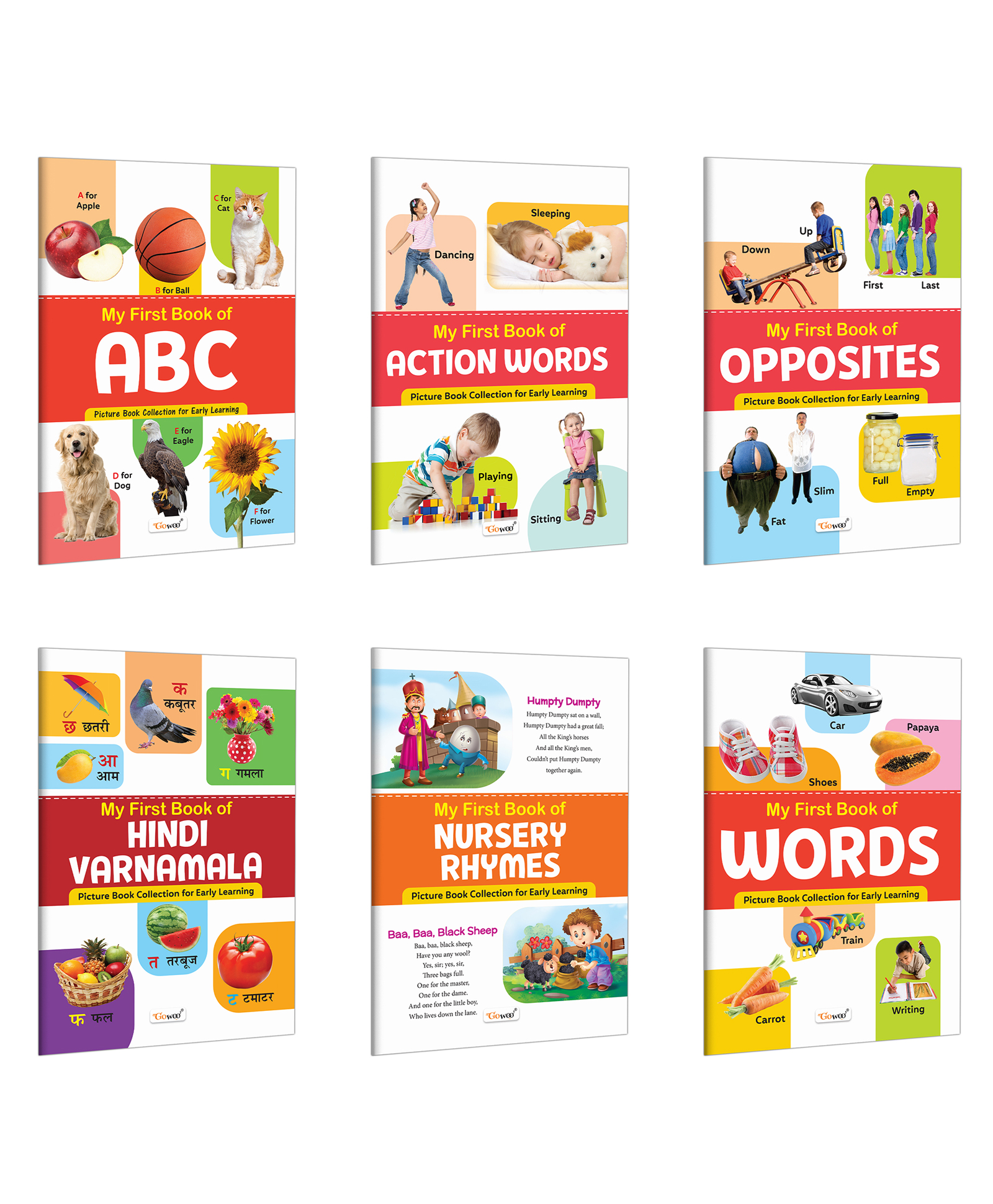 My First Book of ABC, Action Words, Opposites, Hindi Varnmala, Nursery Rhymes and My First Words :- Beginner reading books, Colorful learning book | Pack of 6 books - English-image-3
