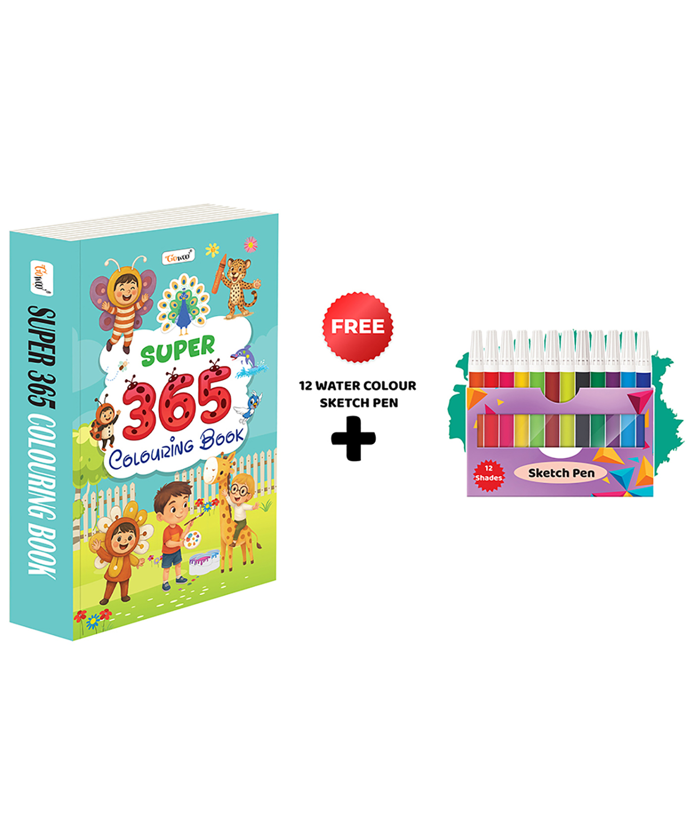 SUPER 365 Colouring Book and 12 Water Colour Sketch Pens children's colouring book, preschool art and craft book, thick colouring book, 365 colouring book - English-image-5