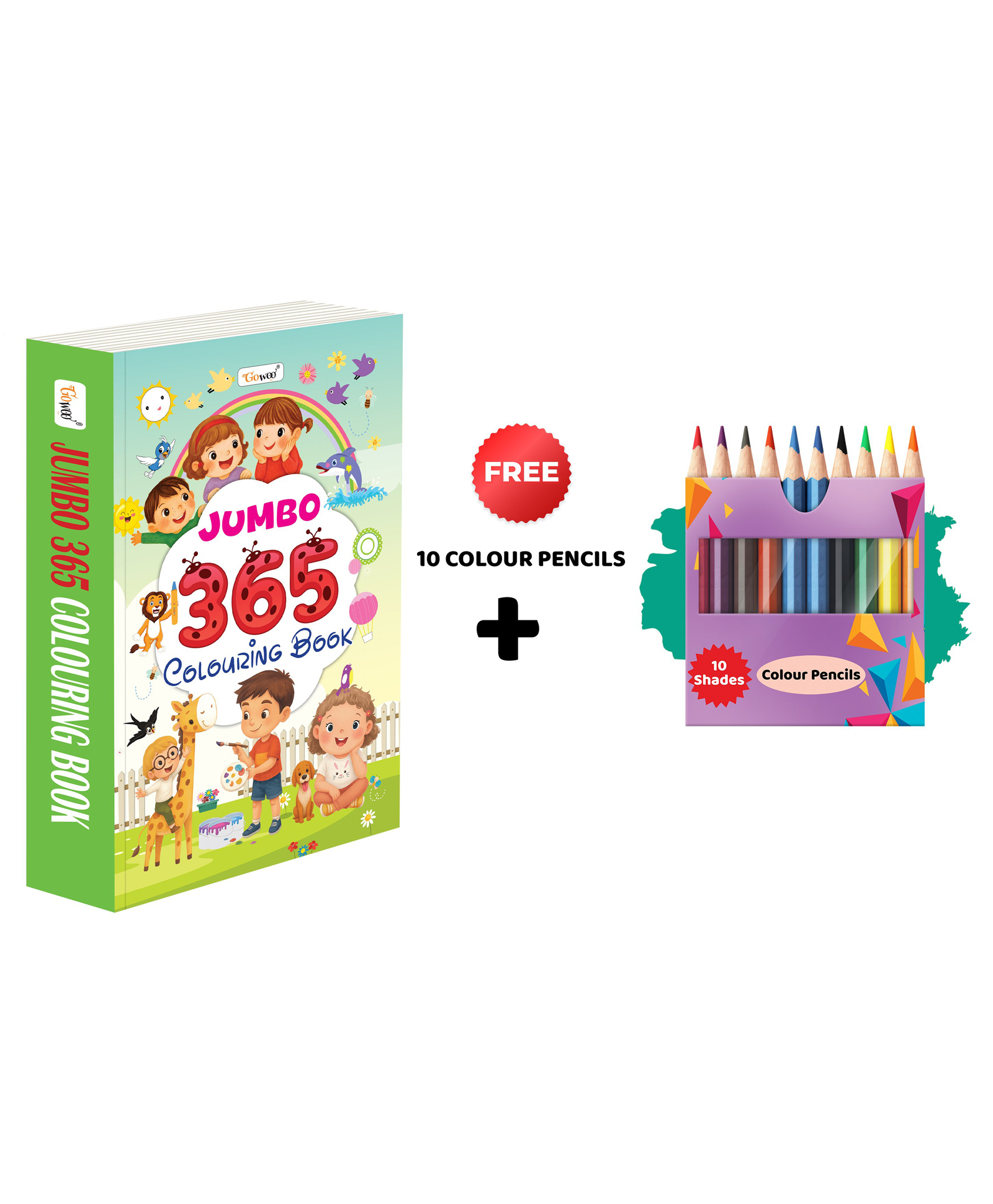 JUMBO 365 Colouring Book and 10 Colour Pencils colouring book with colour pencils, educational colouring book, kids drawing book, thick colouring book for toddlers - English-image-36
