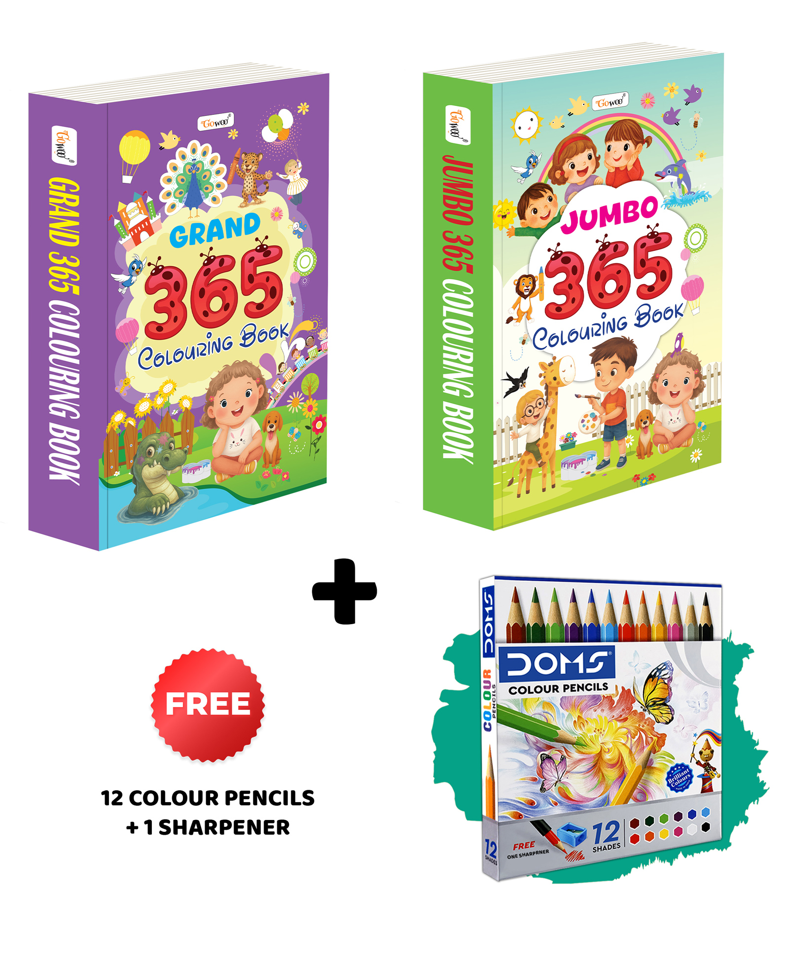 GRAND & JUMBO 365 Colouring Books and 12 Colour Pencils + 1 Sharpener art skills booster combo, daily colouring book for kids, thick colouring pages for toddlers | Pack of 2 colouring books - English-image-15