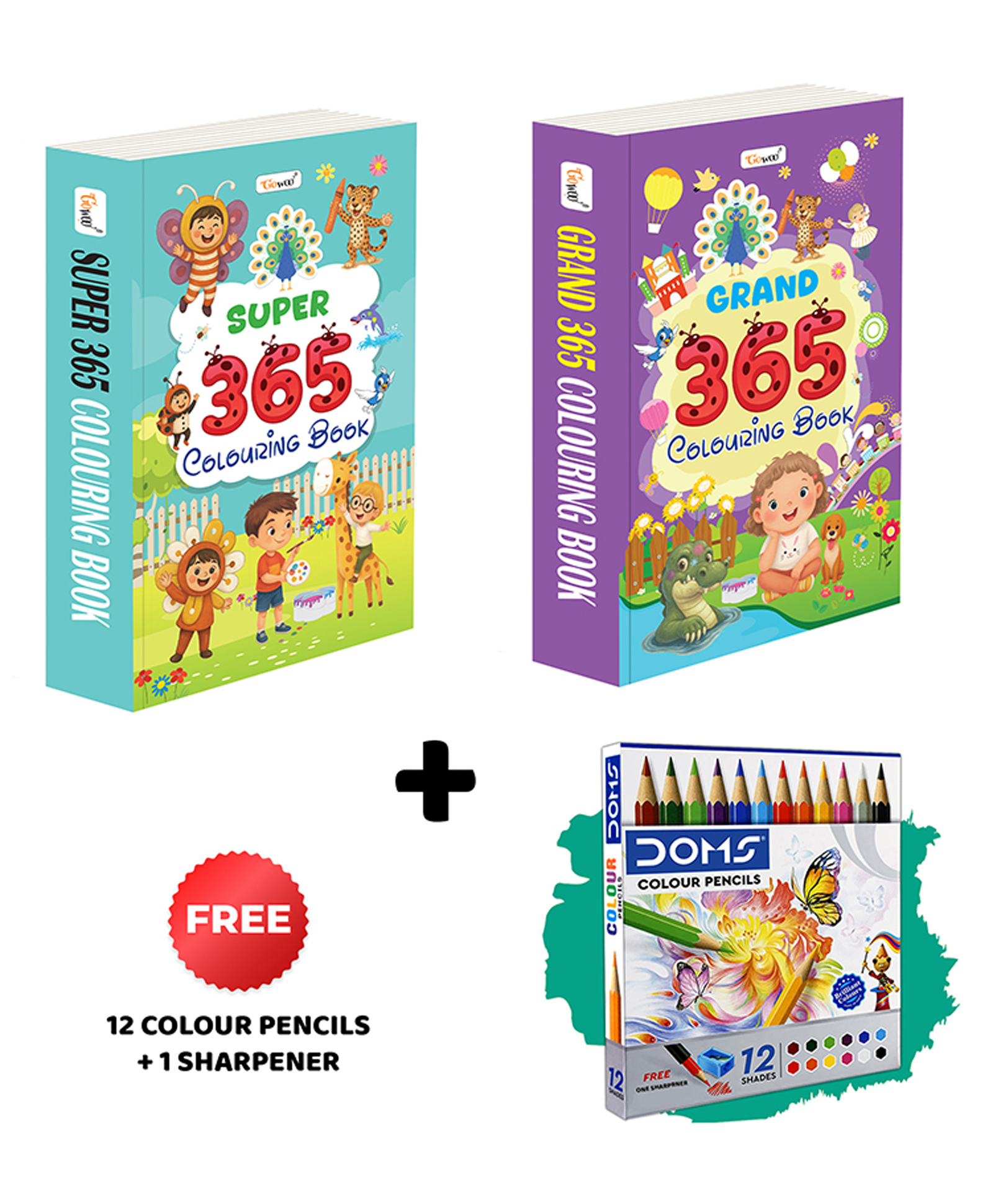 GRAND & SUPER 365 Colouring Books and 12 Colour Pencils + 1 Sharpener creative gift set for young kids, toddler imagination development book | Set of 2 colouring book - English-image-35