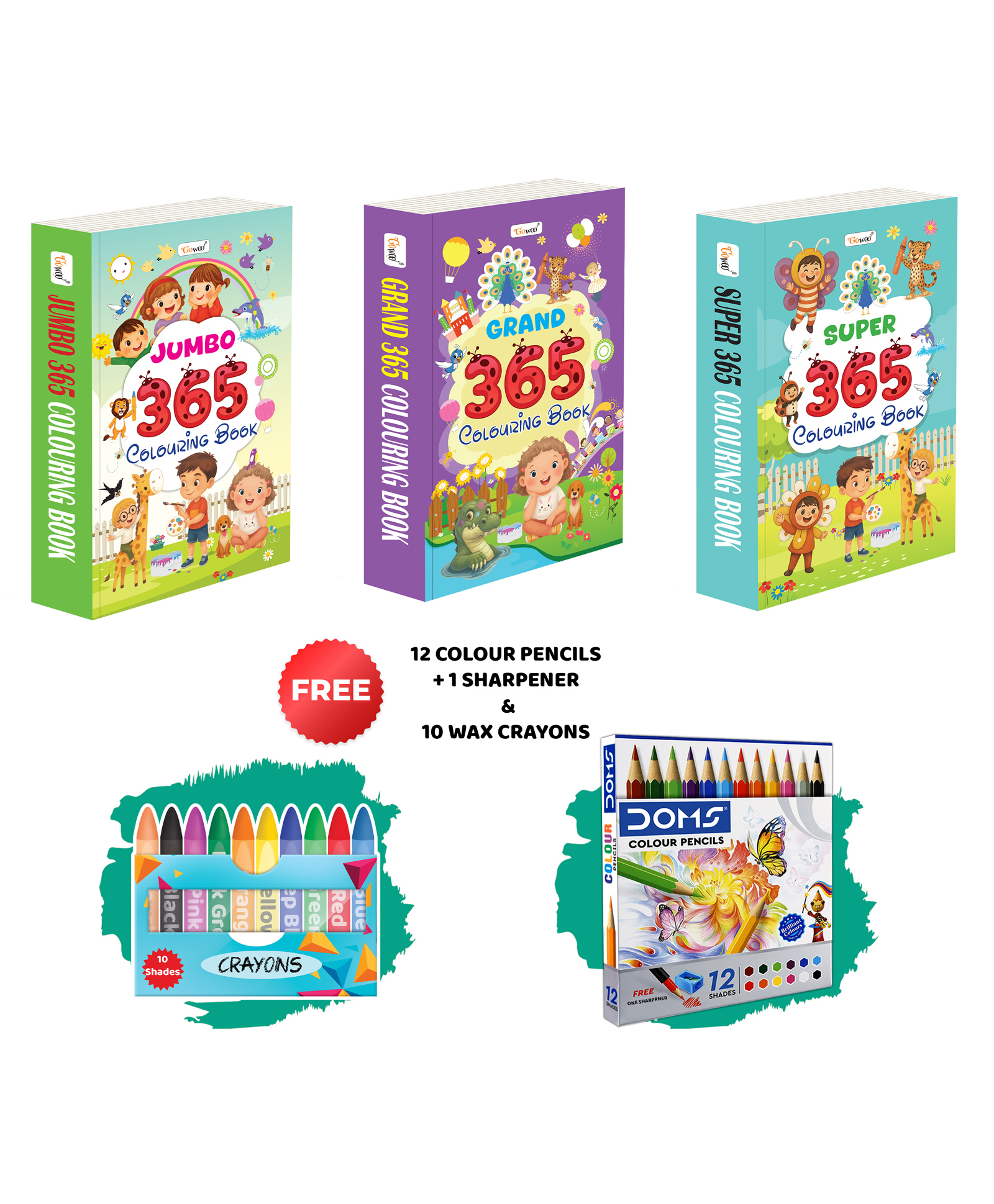 GRAND, JUMBO & SUPER 365 Colouring Books with 12 Colour Pencils + 1 Sharpener and 10 Wax Crayons early learners colouring combo, beginner art and craft book set | Combo of 3 colouring books - English-image-49
