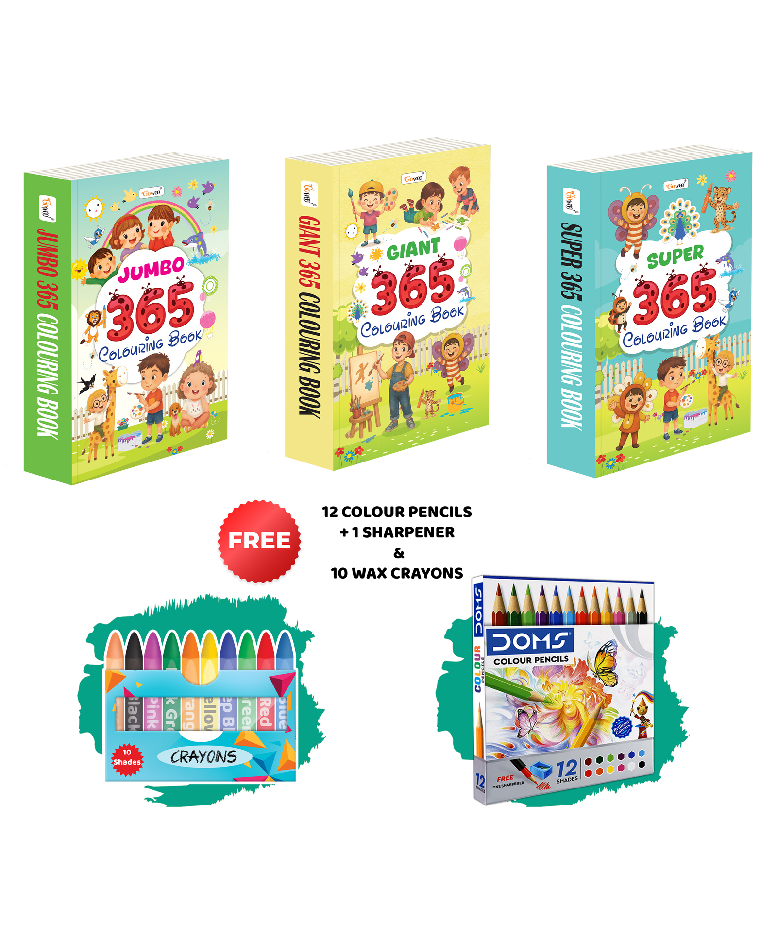 JUMBO, SUPER & GIANT 365 Colouring Books with 12 Colour Pencils + 1 Sharpener and 10 Wax Crayons daily colouring for kids, educational colouring book for toddlers | Set of 3 colouring books - English-image-18