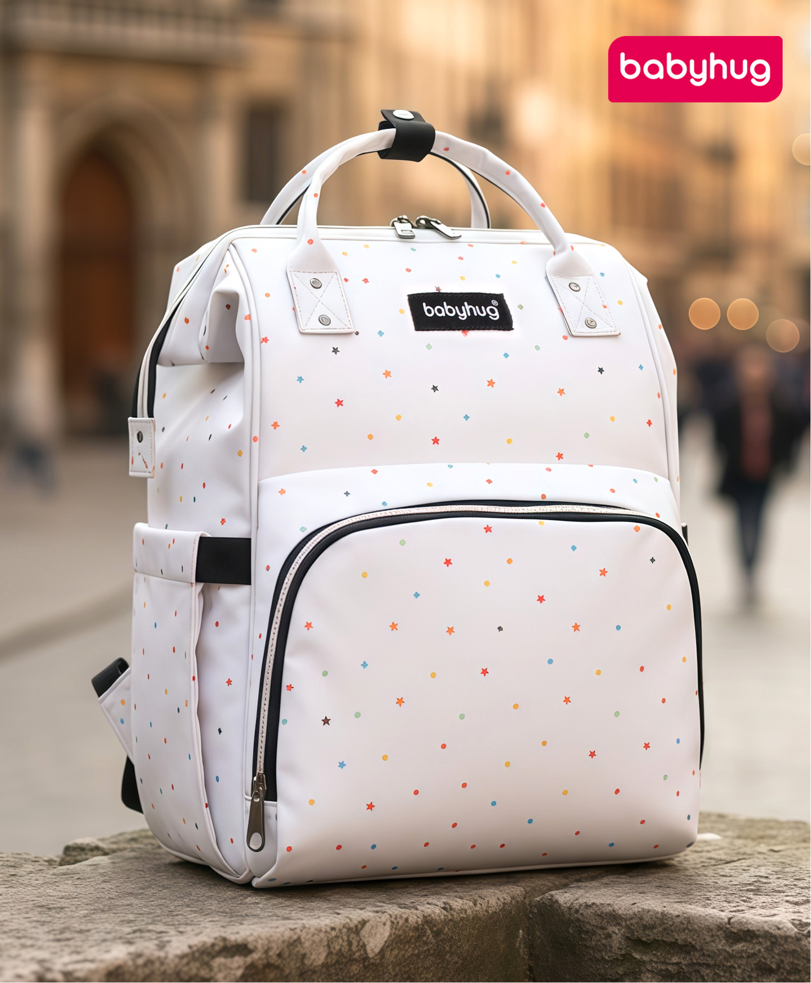 Babyhug Multipurpose Spacious Diaper Backpack Star Print - White| Adjustable Shoulder Strap|Insulated Bottle Pouch|Smart Back Zipper| Wipes Dispenser|Fishmouth Opening|Stylish Design|Attach to Trolley-image-49