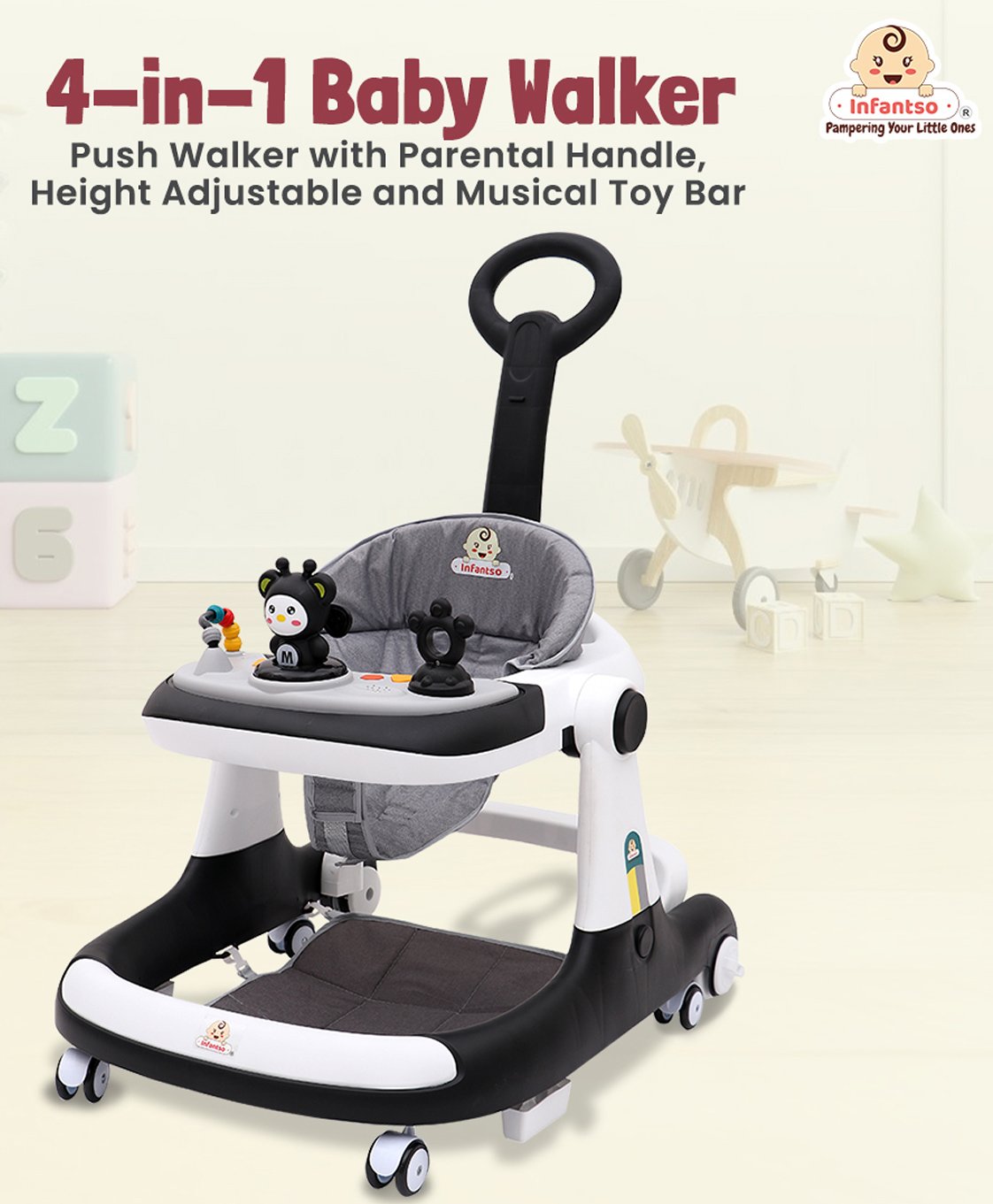 Infantso Teddy Steady 4-in-1 Baby Walker: Walker, Bouncer, Feeding Tray, & Push Toy - Adjustable Height & Speed - 6-24 Months - Black-picture-22