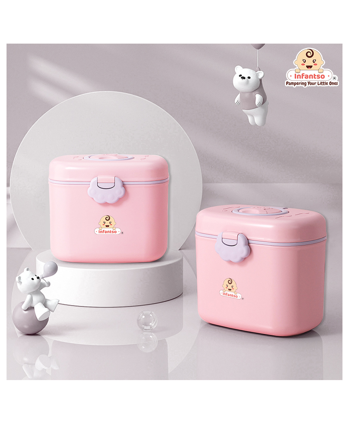 Infantso Feed Ease 2in1 Baby Milk Powder & Food Container BPA-Free Leak Proof Bear Box Travel Friendly with Spoon & Fork, Baby Essential Food Storage Box, Baby Milk Powder Box(360 g)-image-10