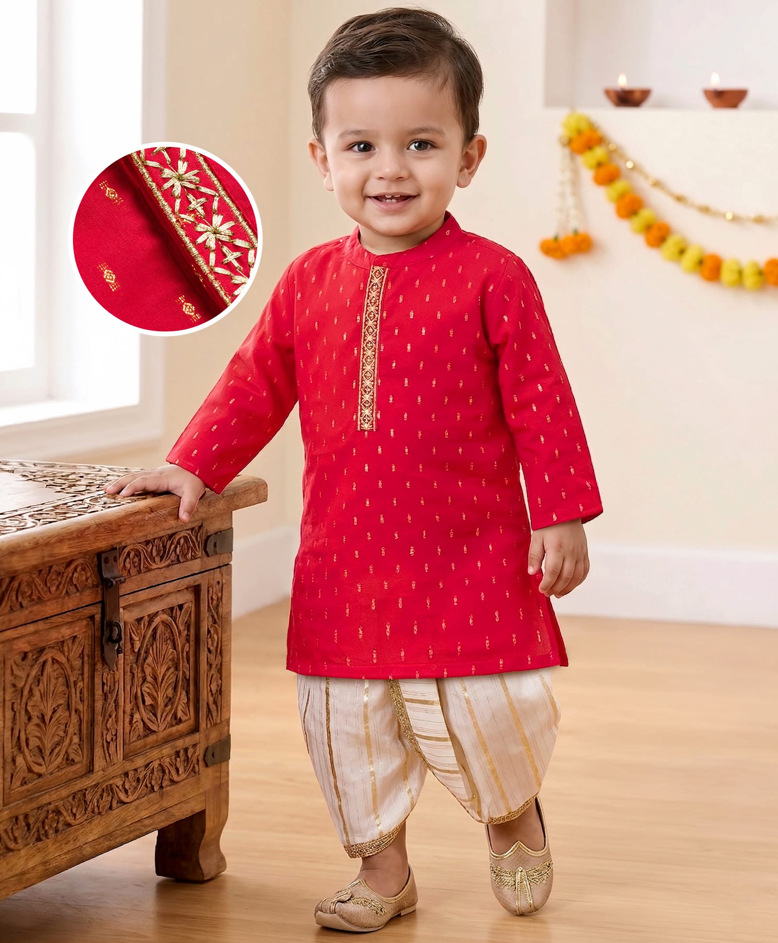 Babyhug Lurex Dobby Woven Full Sleeves Kurta Dhoti Set with Foil Print - Red-picture-26