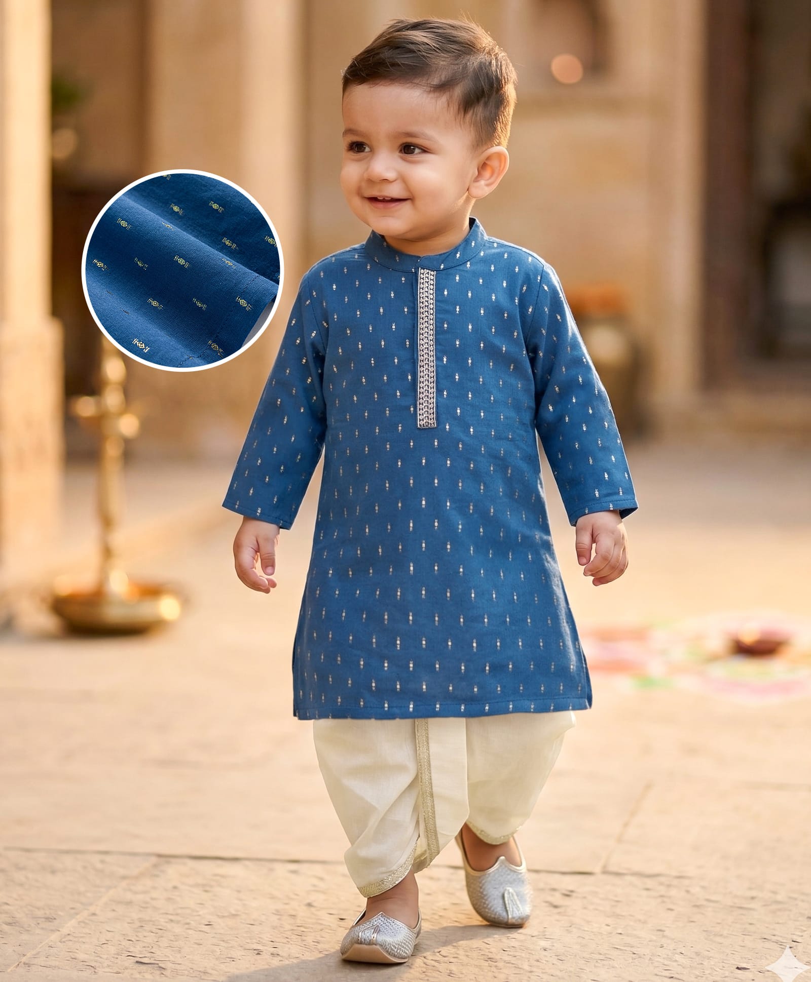 Babyhug Lurex Dobby Woven Full Sleeves Kurta Dhoti Set with Foil Print - Navy Blue-image-11