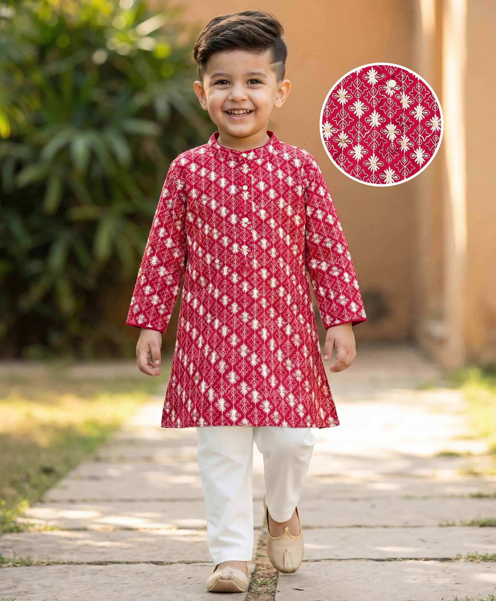Babyhug Georgette Woven Full Sleeves Kurta Pyjama Set with Floral Embroidery - Maroon-picture-23
