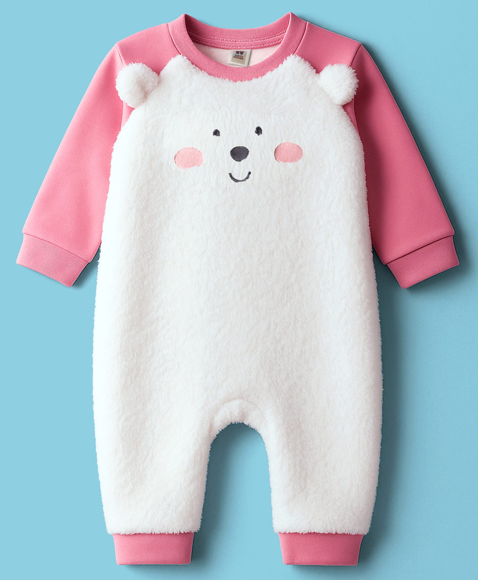 ToffyHouse Fleece Woven Full Raglan Sleeves Romper With Animal Embroidery & Applique - Pink & White-image-27