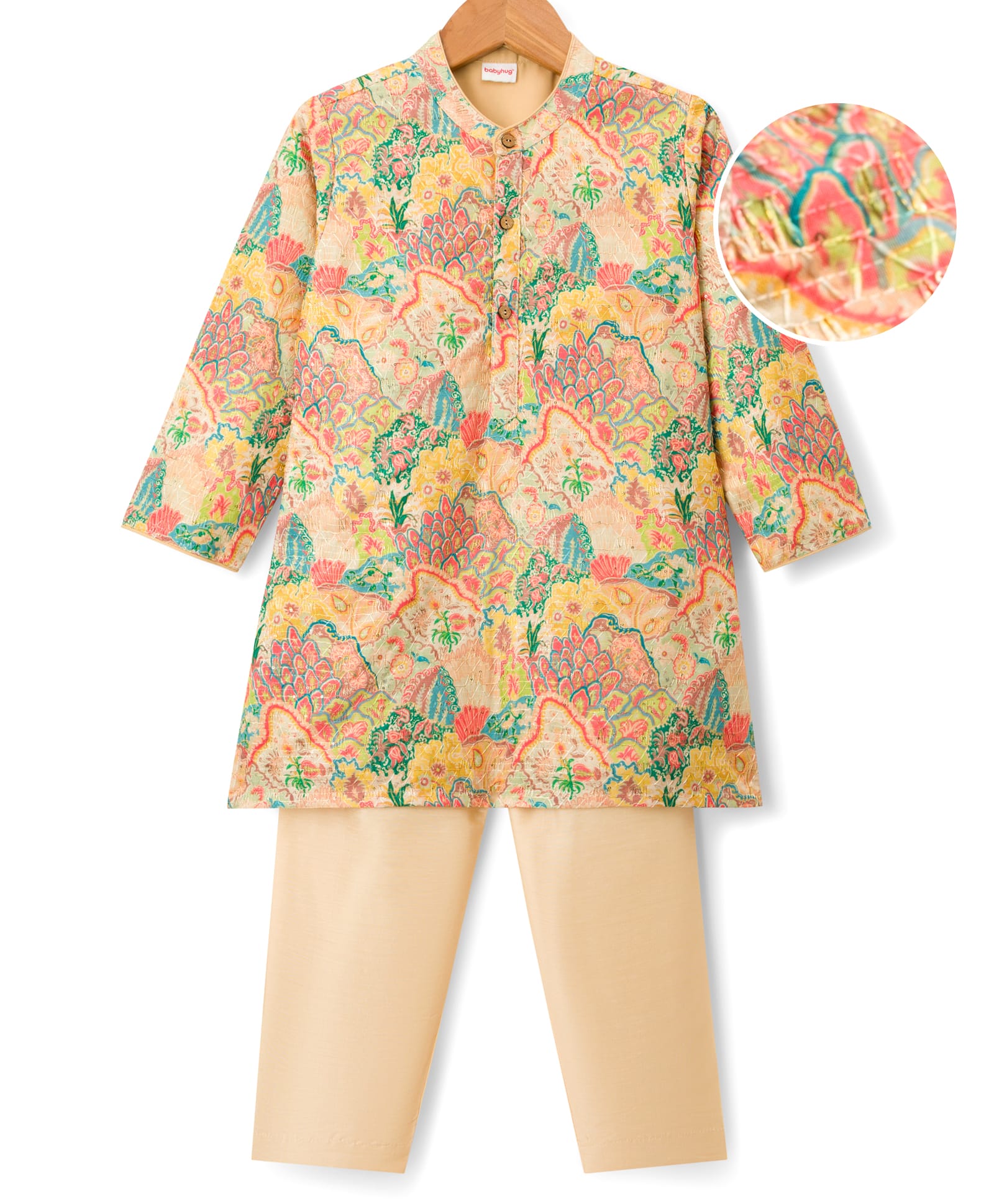 Babyhug Woven Full Sleeves Kurta Pajama Set With Floral Print & Embroidery- Multicolour-picture-15