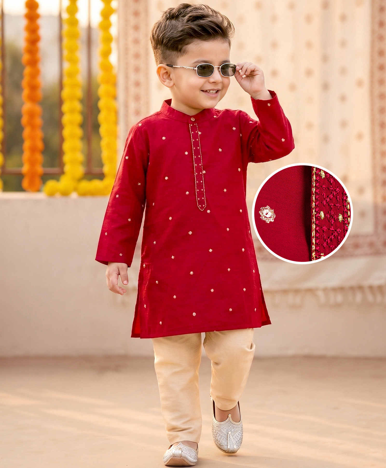 Babyhug Woven Full Sleeves Kurta Pajama Set With Foil Embroidered - Maroon-picture-21